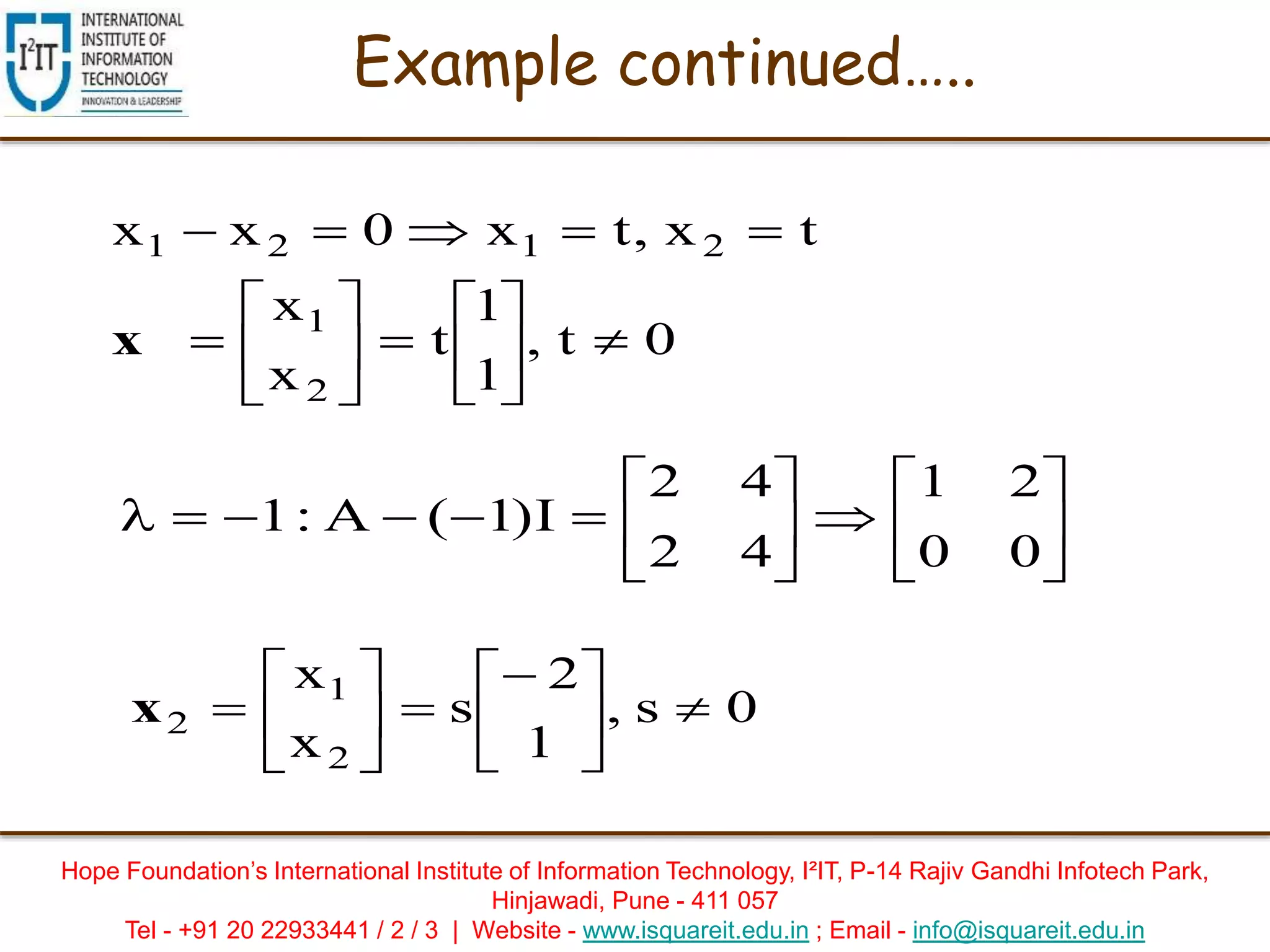 Hope Foundation’s International Institute of Information Technology, I²IT, P-14 Rajiv Gandhi Infotech Park,
Hinjawadi, Pune - 411 057
Tel - +91 20 22933441 / 2 / 3 | Website - www.isquareit.edu.in ; Email - info@isquareit.edu.in
Example continued…..
0t,
1
1
t
x
x
tx,tx0xx
2
1
2121














x













00
21
42
42
I)1(A:1
0s,
1
2
s
x
x
2
1
2 











x
 