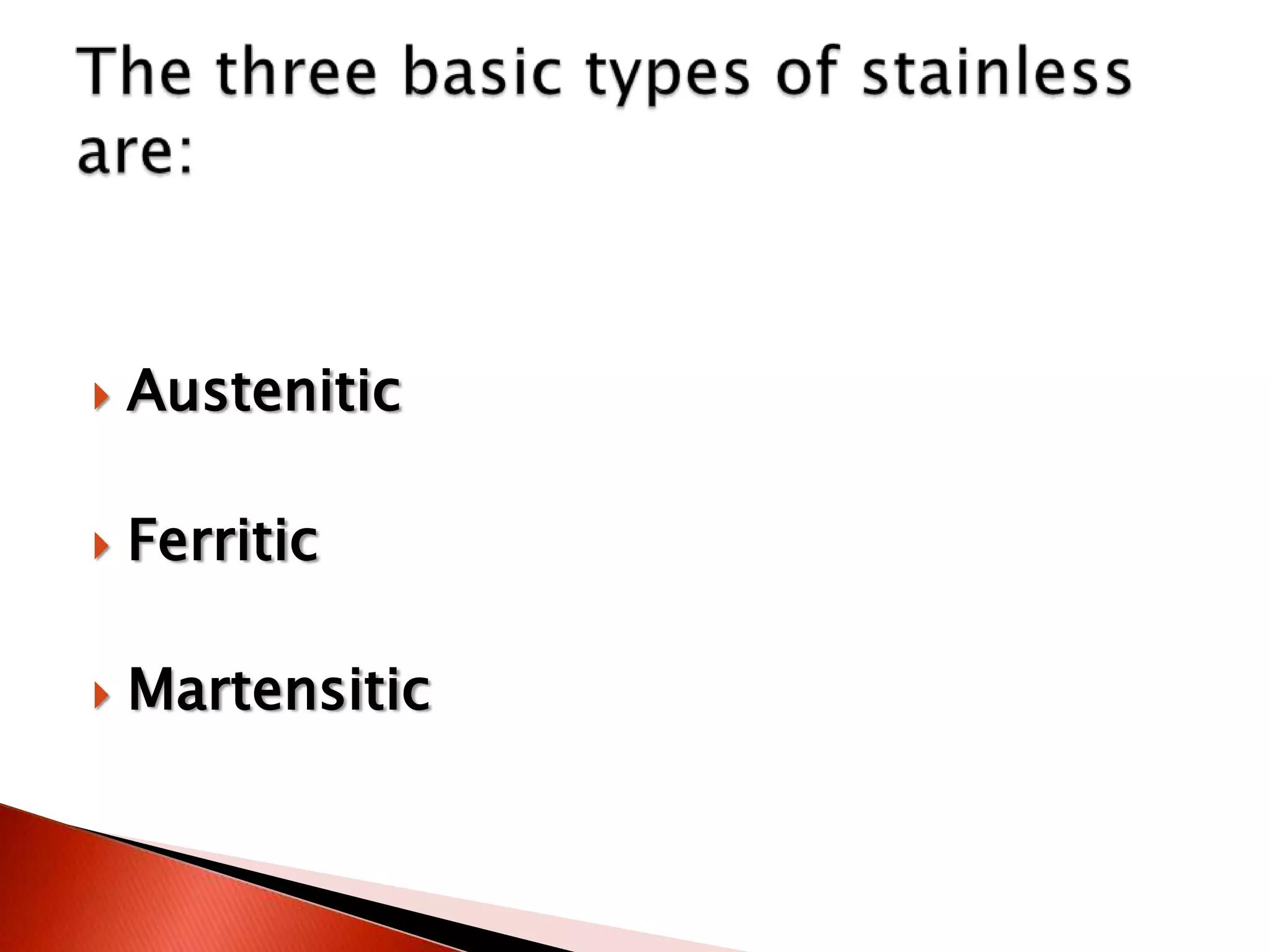    Austenitic

   Ferritic

   Martensitic
 