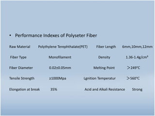 • Performance Indexes of Polyseter Fiber
Raw Material Polythylene Terephthalate(PET) Fiber Length 6mm,10mm,12mm
Fiber Type Monofilament Density 1.36-1.4g/cm³
Fiber Diameter 0.02±0.05mm Melting Point ＞249℃
Tensile Strength ≥1000Mpa Lgnition Temperatur ＞560℃
Elongation at break 35% Acid and Alkali Resistance Strong
 