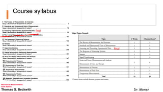 Course syllabus
final
final
Mechanical Measurements
Sixth Edition
Thomas G. Beckwith Dr. Momen
 
