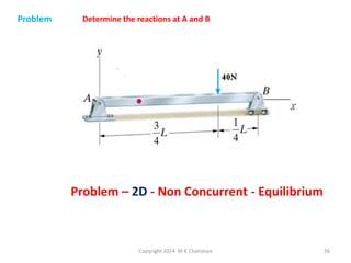 Problem

Determine the reactions at A and B

Problem – 2D - Non Concurrent - Equilibrium

Copyright 2014 M K Chaitanya

26

 