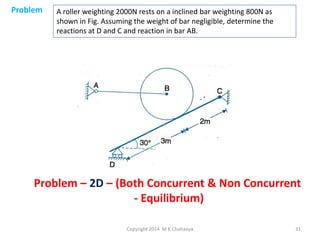 Problem

A roller weighting 2000N rests on a inclined bar weighting 800N as
shown in Fig. Assuming the weight of bar negligible, determine the
reactions at D and C and reaction in bar AB.

Problem – 2D – (Both Concurrent & Non Concurrent
- Equilibrium)
Copyright 2014 M K Chaitanya

31

 
