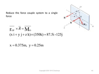 Reduce the force couple system to a single
force

r

OP

 R  MO

(x i  y j  z k)  (350k)  87.5i - 125j
x  0.375m, y  0.25m

Copyright 2014 M K Chaitanya

43

 