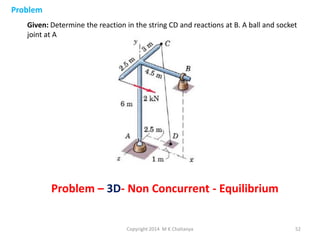 Problem
Given: Determine the reaction in the string CD and reactions at B. A ball and socket
joint at A

Problem – 3D- Non Concurrent - Equilibrium

Copyright 2014 M K Chaitanya

52

 