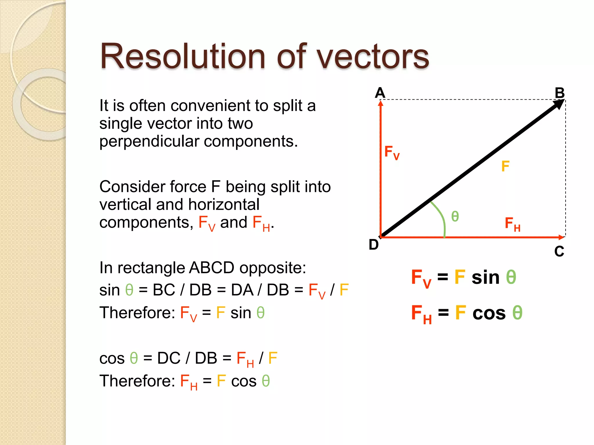 Resolution of vectors
It is often convenient to split a
single vector into two
perpendicular components.
Consider force F being split into
vertical and horizontal
components, FV and FH.
In rectangle ABCD opposite:
sin θ = BC / DB = DA / DB = FV / F
Therefore: FV = F sin θ
cos θ = DC / DB = FH / F
Therefore: FH = F cos θ
F
FV
FH
θ
C
BA
D
FV = F sin θ
FH = F cos θ
 