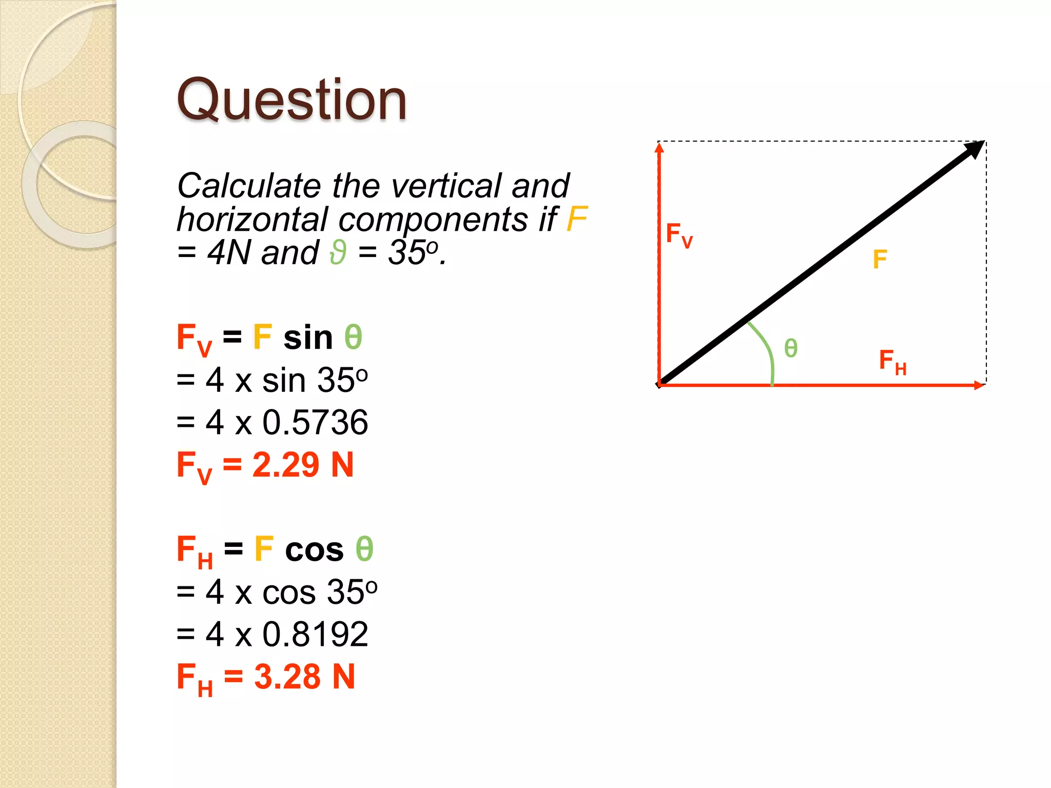 Question
Calculate the vertical and
horizontal components if F
= 4N and θ = 35o.
FV = F sin θ
= 4 x sin 35o
= 4 x 0.5736
FV = 2.29 N
FH = F cos θ
= 4 x cos 35o
= 4 x 0.8192
FH = 3.28 N
F
FV
FH
θ
 