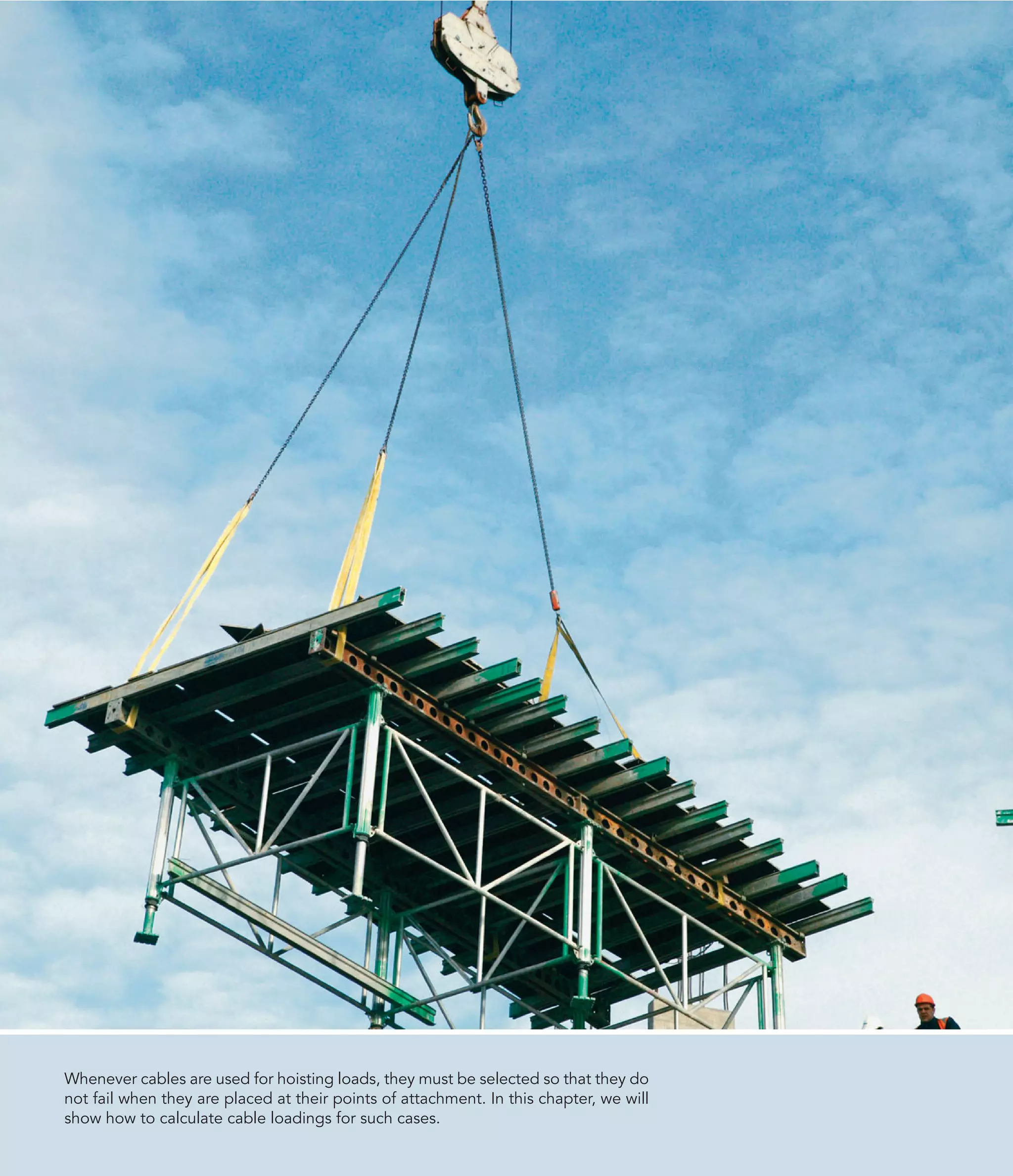 Whenever cables are used for hoisting loads, they must be selected so that they do
not fail when they are placed at their points of attachment. In this chapter, we will
show how to calculate cable loadings for such cases.
 
