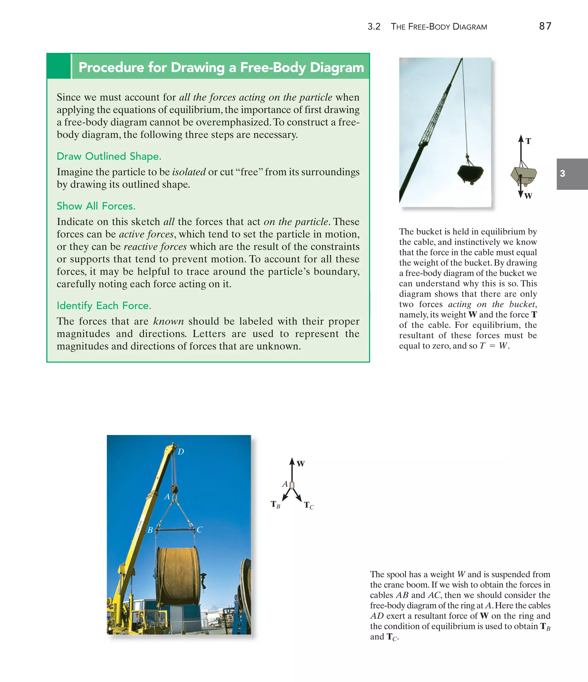 3.2 THE FREE-BODY DIAGRAM 87
3
The bucket is held in equilibrium by
the cable, and instinctively we know
that the force in the cable must equal
the weight of the bucket. By drawing
a free-body diagram of the bucket we
can understand why this is so. This
diagram shows that there are only
two forces acting on the bucket,
namely, its weight W and the force T
of the cable. For equilibrium, the
resultant of these forces must be
equal to zero, and so T = W.
W
T
The spool has a weight W and is suspended from
the crane boom. If we wish to obtain the forces in
cables AB and AC, then we should consider the
free-body diagram of the ring at A.Here the cables
AD exert a resultant force of W on the ring and
the condition of equilibrium is used to obtain
and TC.
TB
TC
TB
W
D
C
A
A
B
Procedure for Drawing a Free-Body Diagram
Since we must account for all the forces acting on the particle when
applying the equations of equilibrium,the importance of first drawing
a free-body diagram cannot be overemphasized.To construct a free-
body diagram, the following three steps are necessary.
Draw Outlined Shape.
Imagine the particle to be isolated or cut “free” from its surroundings
by drawing its outlined shape.
Show All Forces.
Indicate on this sketch all the forces that act on the particle. These
forces can be active forces, which tend to set the particle in motion,
or they can be reactive forces which are the result of the constraints
or supports that tend to prevent motion. To account for all these
forces, it may be helpful to trace around the particle’s boundary,
carefully noting each force acting on it.
Identify Each Force.
The forces that are known should be labeled with their proper
magnitudes and directions. Letters are used to represent the
magnitudes and directions of forces that are unknown.
 