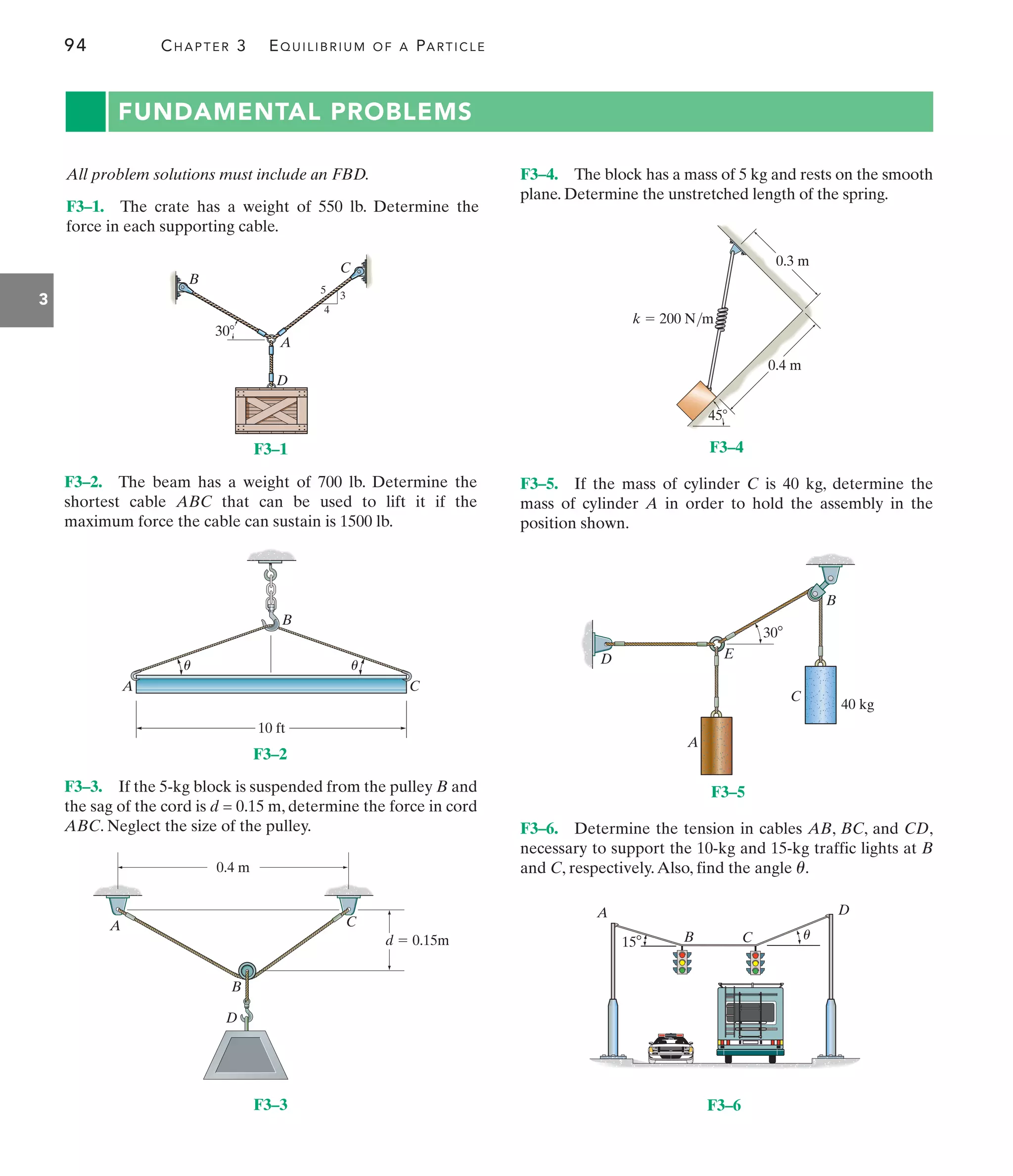 94 CHAPTER 3 EQUILIBRIUM OF A PARTICLE
3
FUNDAMENTAL PROBLEMS
All problem solutions must include an FBD.
F3–1. The crate has a weight of 550 lb. Determine the
force in each supporting cable.
F3–2. The beam has a weight of 700 lb. Determine the
shortest cable ABC that can be used to lift it if the
maximum force the cable can sustain is 1500 lb.
F3–3. If the 5-kg block is suspended from the pulley B and
the sag of the cord is d = 0.15 m, determine the force in cord
ABC. Neglect the size of the pulley.
F3–4. The block has a mass of 5 kg and rests on the smooth
plane. Determine the unstretched length of the spring.
F3–5. If the mass of cylinder C is 40 kg, determine the
mass of cylinder A in order to hold the assembly in the
position shown.
F3–6. Determine the tension in cables AB, BC, and CD,
necessary to support the 10-kg and 15-kg traffic lights at B
and C, respectively.Also, find the angle .
u
30
4
3
5
A
B
C
D
10 ft
A C
B
u u
d  0.15m
D
A C
B
0.4 m
45
0.4 m
0.3 m
k  200 N/m
40 kg
D
A
C
E
B
30
B
A
C
D
u
15
F3–4
F3–1
F3–2
F3–3 F3–6
F3–5
 