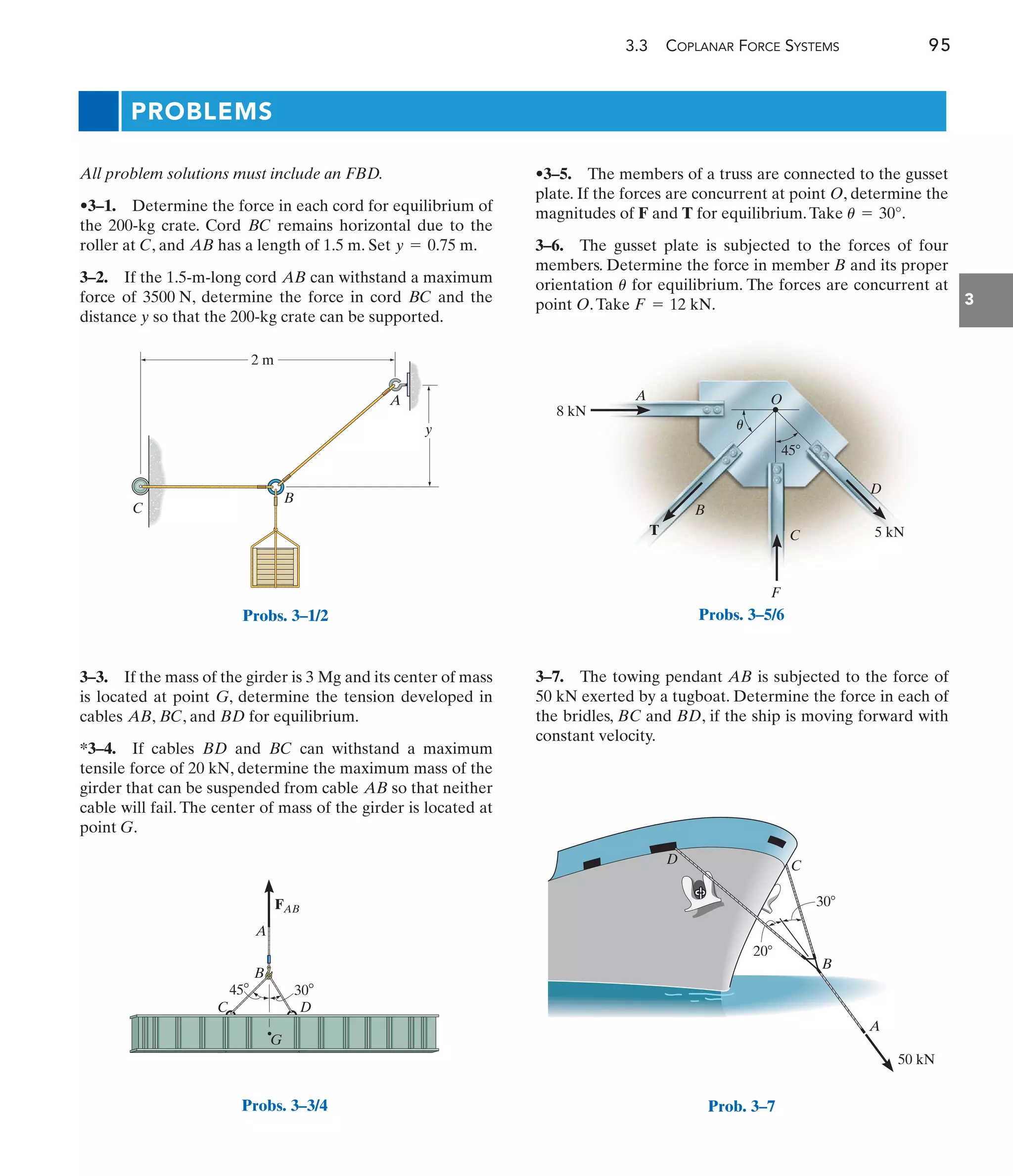 3.3 COPLANAR FORCE SYSTEMS 95
3
All problem solutions must include an FBD.
•3–1. Determine the force in each cord for equilibrium of
the 200-kg crate. Cord remains horizontal due to the
roller at , and has a length of . Set .
3–2. If the 1.5-m-long cord can withstand a maximum
force of , determine the force in cord and the
distance y so that the 200-kg crate can be supported.
BC
3500 N
AB
y = 0.75 m
1.5 m
AB
C
BC
•3–5. The members of a truss are connected to the gusset
plate. If the forces are concurrent at point O, determine the
magnitudes of F and T for equilibrium.Take .
3–6. The gusset plate is subjected to the forces of four
members. Determine the force in member B and its proper
orientation for equilibrium. The forces are concurrent at
point O.Take .
F = 12 kN
u
u = 30°
3–7. The towing pendant AB is subjected to the force of
50 kN exerted by a tugboat. Determine the force in each of
the bridles, BC and BD, if the ship is moving forward with
constant velocity.
PROBLEMS
C
B
A
2 m
y
Probs. 3–1/2
FAB
A
B
C D
G
30
45
Probs. 3–3/4
5 kN
A
B
C
D
T
O
45
u
F
8 kN
Probs. 3–5/6
30
A
B
C
D
50 kN
20
Prob. 3–7
3–3. If the mass of the girder is and its center of mass
is located at point G, determine the tension developed in
cables , , and for equilibrium.
*3–4. If cables and can withstand a maximum
tensile force of , determine the maximum mass of the
girder that can be suspended from cable so that neither
cable will fail. The center of mass of the girder is located at
point .
G
AB
20 kN
BC
BD
BD
BC
AB
3 Mg
 