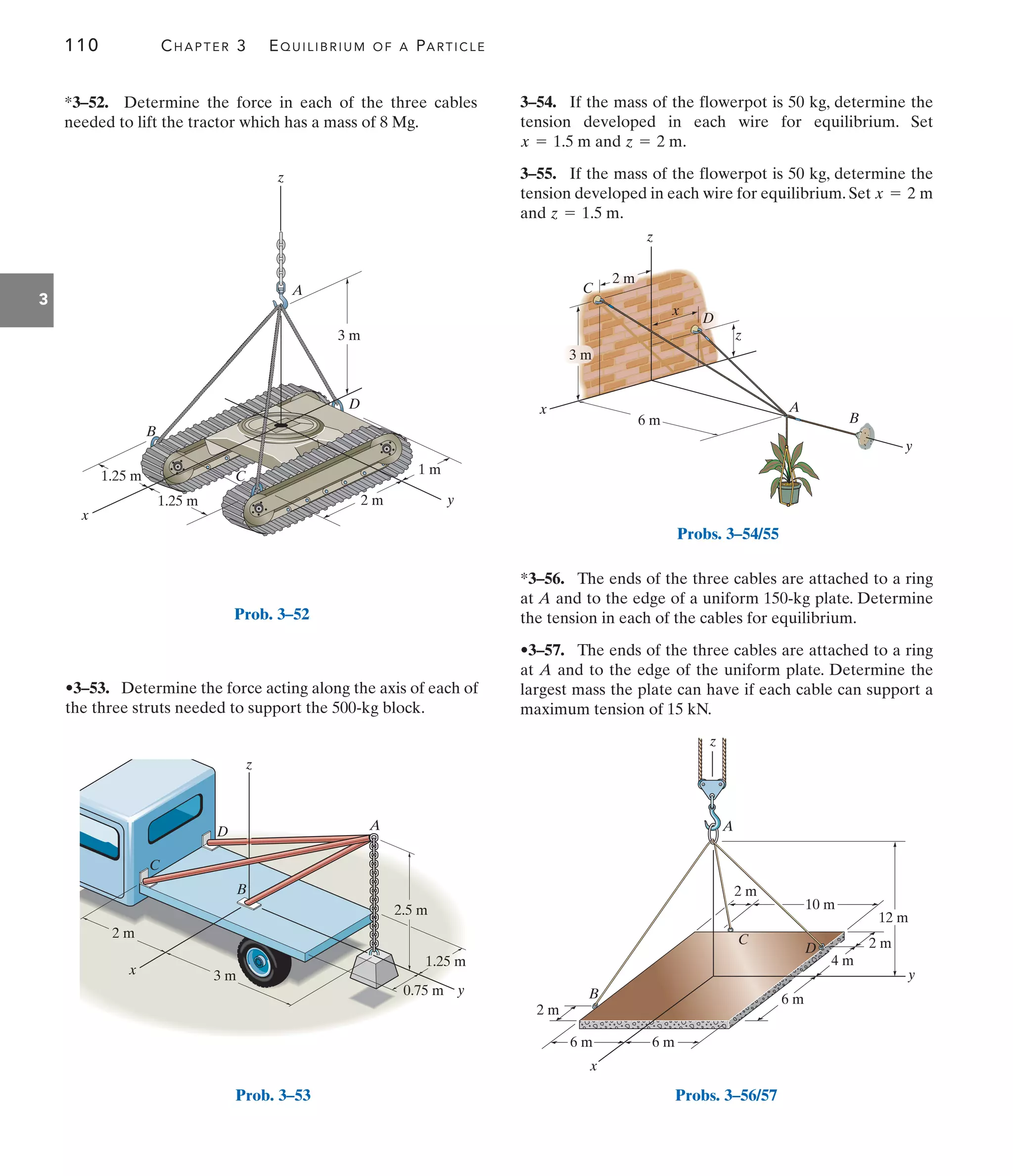 110 CHAPTER 3 EQUILIBRIUM OF A PARTICLE
3
*3–52. Determine the force in each of the three cables
needed to lift the tractor which has a mass of 8 Mg.
•3–53. Determine the force acting along the axis of each of
the three struts needed to support the 500-kg block.
*3–56. The ends of the three cables are attached to a ring
at A and to the edge of a uniform 150-kg plate. Determine
the tension in each of the cables for equilibrium.
•3–57. The ends of the three cables are attached to a ring
at A and to the edge of the uniform plate. Determine the
largest mass the plate can have if each cable can support a
maximum tension of 15 kN.
2 m
1.25 m
1.25 m
1 m
3 m
A
D
C
B
y
x
z
Prob. 3–52
0.75 m
1.25 m
3 m
2.5 m
z
A
B
C
D
x
y
2 m
Prob. 3–53
x
x
A
B
C
y
z
z
6 m
3 m
2 m
D
Probs. 3–54/55
z
A
B
x
y
D
C
10 m
6 m 6 m
6 m
4 m
2 m
2 m
12 m
2 m
Probs. 3–56/57
3–54. If the mass of the flowerpot is 50 kg, determine the
tension developed in each wire for equilibrium. Set
and .
3–55. If the mass of the flowerpot is 50 kg, determine the
tension developed in each wire for equilibrium. Set
and .
z = 1.5 m
x = 2 m
z = 2 m
x = 1.5 m
 
