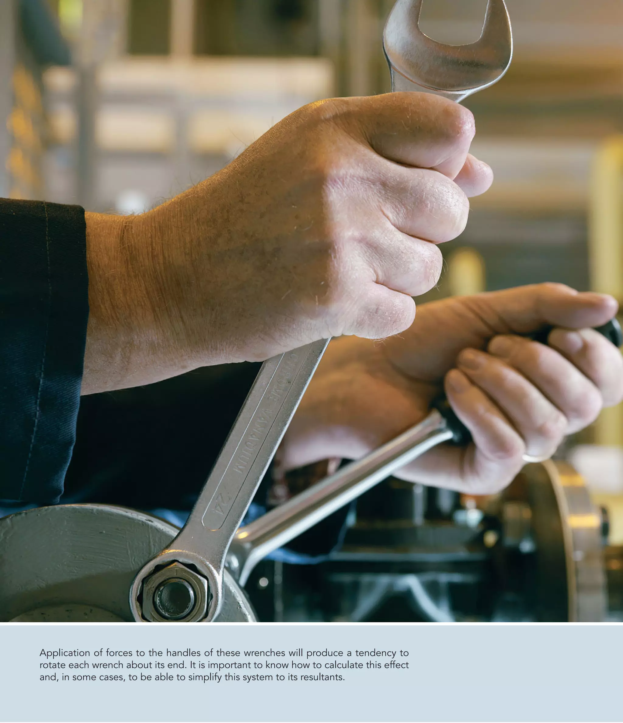 Application of forces to the handles of these wrenches will produce a tendency to
rotate each wrench about its end. It is important to know how to calculate this effect
and, in some cases, to be able to simplify this system to its resultants.
 