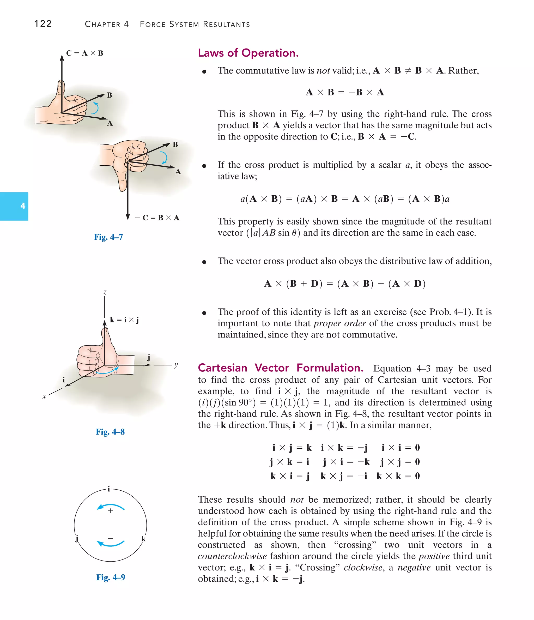 B
A
 C  B  A
C  A  B
B
A
Fig. 4–7
122 CHAPTER 4 FORCE SYSTEM RESULTANTS
4
Laws of Operation.
● The commutative law is not valid; i.e., . Rather,
This is shown in Fig. 4–7 by using the right-hand rule. The cross
product yields a vector that has the same magnitude but acts
in the opposite direction to C; i.e.,
● If the cross product is multiplied by a scalar a, it obeys the assoc-
iative law;
This property is easily shown since the magnitude of the resultant
vector and its direction are the same in each case.
● The vector cross product also obeys the distributive law of addition,
● The proof of this identity is left as an exercise (see Prob. 4–1). It is
important to note that proper order of the cross products must be
maintained, since they are not commutative.
Cartesian Vector Formulation. Equation 4–3 may be used
to find the cross product of any pair of Cartesian unit vectors. For
example, to find the magnitude of the resultant vector is
and its direction is determined using
the right-hand rule. As shown in Fig. 4–8, the resultant vector points in
the direction.Thus, In a similar manner,
These results should not be memorized; rather, it should be clearly
understood how each is obtained by using the right-hand rule and the
definition of the cross product. A simple scheme shown in Fig. 4–9 is
helpful for obtaining the same results when the need arises. If the circle is
constructed as shown, then “crossing” two unit vectors in a
counterclockwise fashion around the circle yields the positive third unit
vector; e.g., “Crossing” clockwise, a negative unit vector is
obtained; e.g., i * k = -j.
k * i = j.
k * i = j k * j = -i k * k = 0
j * k = i j * i = -k j * j = 0
i * j = k i * k = -j i * i = 0
i * j = 112k.
+k
1i21j21sin 90°2 = 112112112 = 1,
i * j,
A * 1B + D2 = 1A * B2 + 1A * D2
1ƒaƒAB sin u2
a1A * B2 = 1aA2 * B = A * 1aB2 = 1A * B2a
B * A = -C.
B * A
A * B = -B * A
A * B Z B * A
y
x
z
k  i  j
j
i
Fig. 4–8


i
j k
Fig. 4–9
 