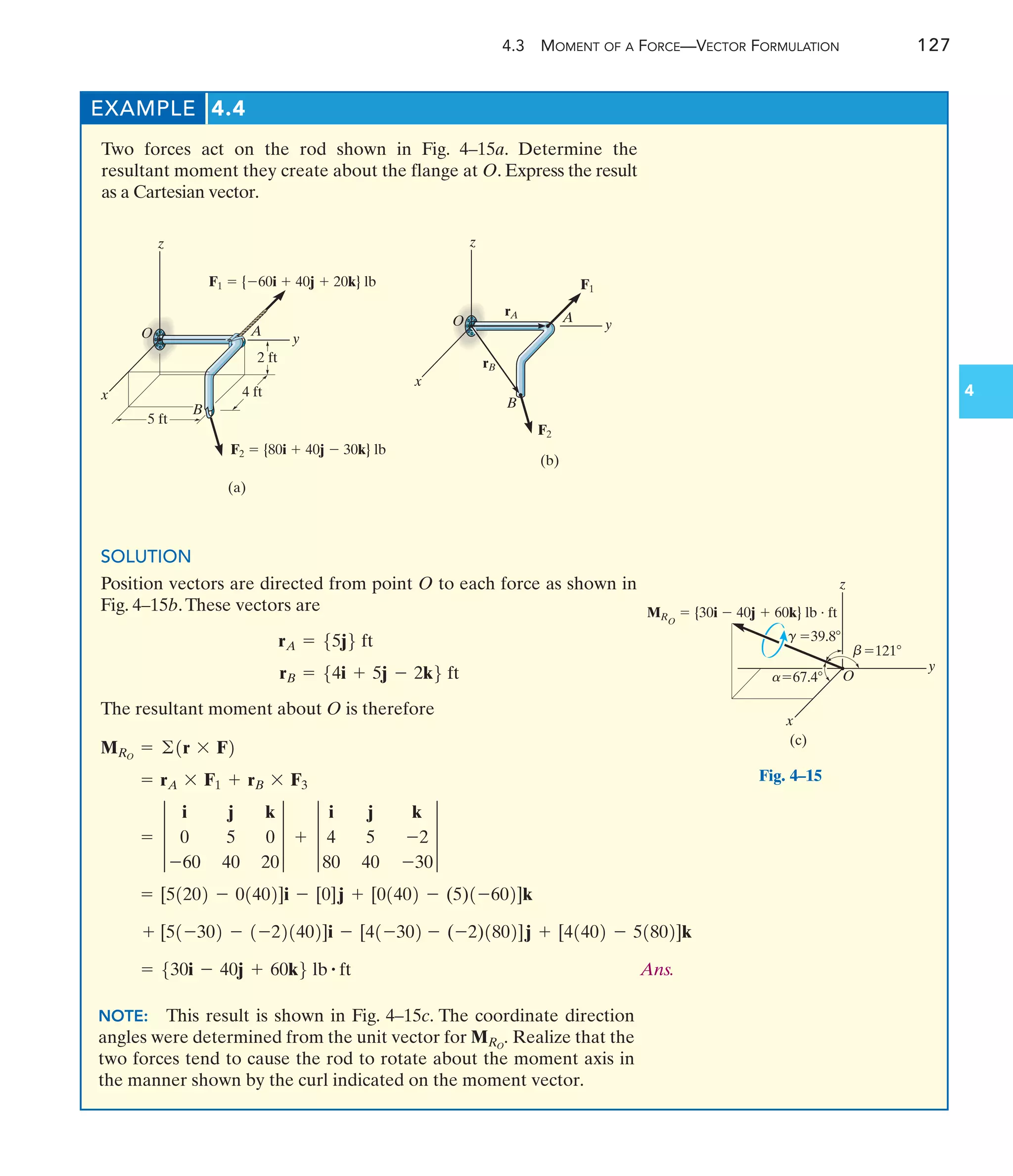 4.3 MOMENT OF A FORCE—VECTOR FORMULATION 127
4
EXAMPLE 4.4
x
z
O
5 ft
4 ft
2 ft
A
B
F2  {80i  40j  30k} lb
F1  {60i  40j  20k} lb
(a)
y
Fig. 4–15
x
y
z
O A
B
(b)
rA
rB
F1
F2
x
y
z
O
39.8
67.4
121
MRO
 {30i  40j  60k} lb · ft
(c)
a
g
b
SOLUTION
Position vectors are directed from point O to each force as shown in
Fig. 4–15b.These vectors are
The resultant moment about O is therefore
rB = 54i + 5j - 2k6 ft
rA = 55j6 ft
NOTE: This result is shown in Fig. 4–15c. The coordinate direction
angles were determined from the unit vector for Realize that the
two forces tend to cause the rod to rotate about the moment axis in
the manner shown by the curl indicated on the moment vector.
MRO
.
Ans.
= 530i - 40j + 60k6 lb # ft
+ [51-302 - 1-221402]i - [41-302 - (-2)1802]j + [41402 - 51802]k
= [51202 - 01402]i - [0]j + [01402 - (5)1-602]k
= 3
i j k
0 5 0
-60 40 20
3 + 3
i j k
4 5 -2
80 40 -30
3
= rA * F1 + rB * F3
MRO
= ©1r * F2
Two forces act on the rod shown in Fig. 4–15a. Determine the
resultant moment they create about the flange at O. Express the result
as a Cartesian vector.
 