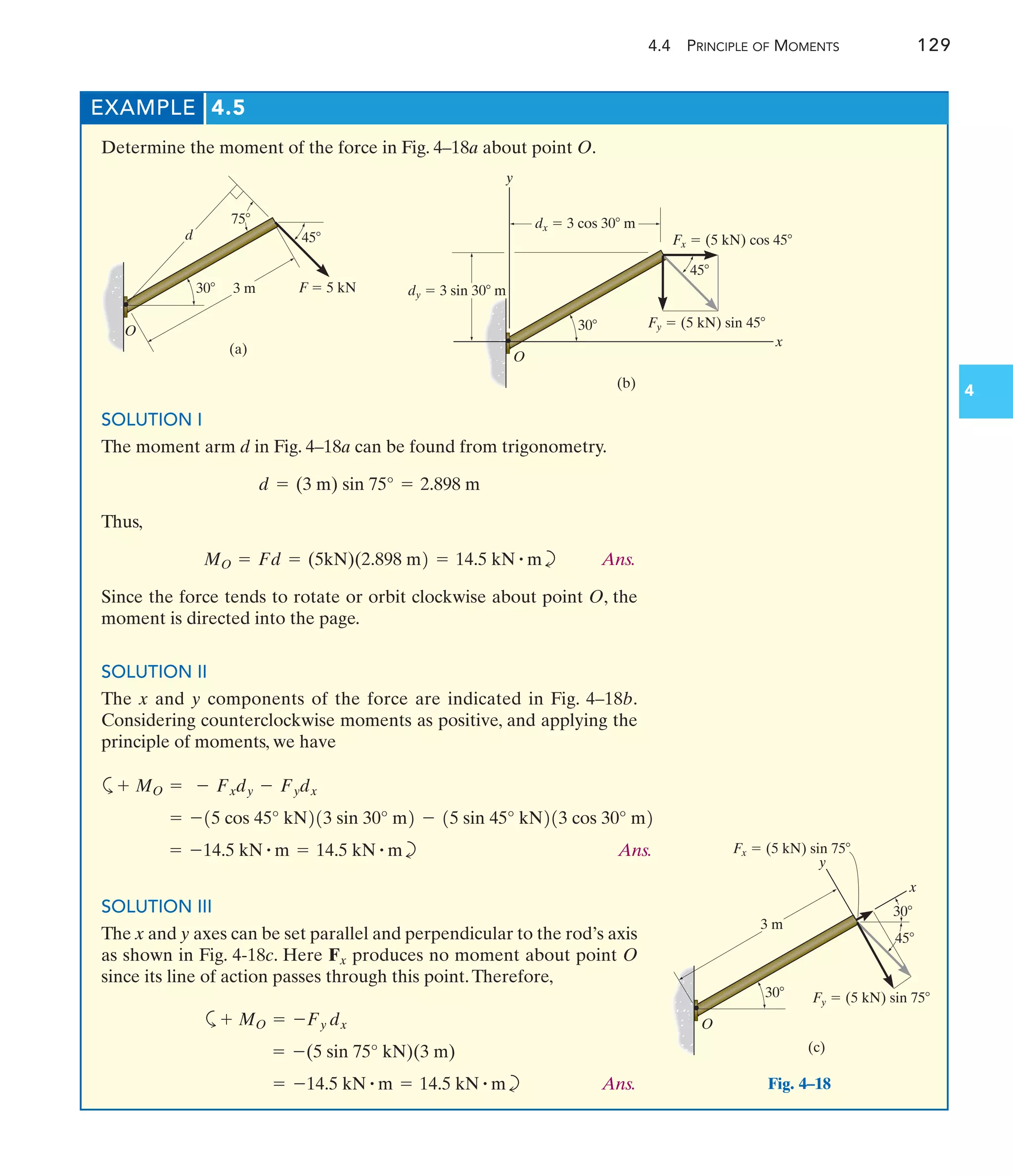4.4 PRINCIPLE OF MOMENTS 129
4
EXAMPLE 4.5
Determine the moment of the force in Fig. 4–18a about point O.
Fig. 4–18
x
y
(c)
45
30
30
3 m
O
Fx  (5 kN) sin 75
Fy  (5 kN) sin 75
SOLUTION I
The moment arm d in Fig. 4–18a can be found from trigonometry.
Thus,
b Ans.
Since the force tends to rotate or orbit clockwise about point O, the
moment is directed into the page.
SOLUTION II
The x and y components of the force are indicated in Fig. 4–18b.
Considering counterclockwise moments as positive, and applying the
principle of moments, we have
MO = Fd = (5kN)(2.898 m2 = 14.5 kN # m
d = (3 m) sin 75° = 2.898 m
a
b Ans.
= -14.5 kN # m = 14.5 kN # m
= -15 cos 45° kN213 sin 30° m2 - 15 sin 45° kN213 cos 30° m2
+ MO = - Fxdy - Fydx
SOLUTION III
The x and y axes can be set parallel and perpendicular to the rod’s axis
as shown in Fig. 4-18c. Here produces no moment about point O
since its line of action passes through this point.Therefore,
a
b Ans.
= -14.5 kN # m = 14.5 kN # m
= -(5 sin 75° kN)(3 m)
+ MO = -Fy dx
Fx
30
(a)
45
F  5 kN
3 m
O
d
75
y
x
(b)
30
45
O
dy  3 sin 30 m
dx  3 cos 30 m
Fx  (5 kN) cos 45
Fy  (5 kN) sin 45
 
