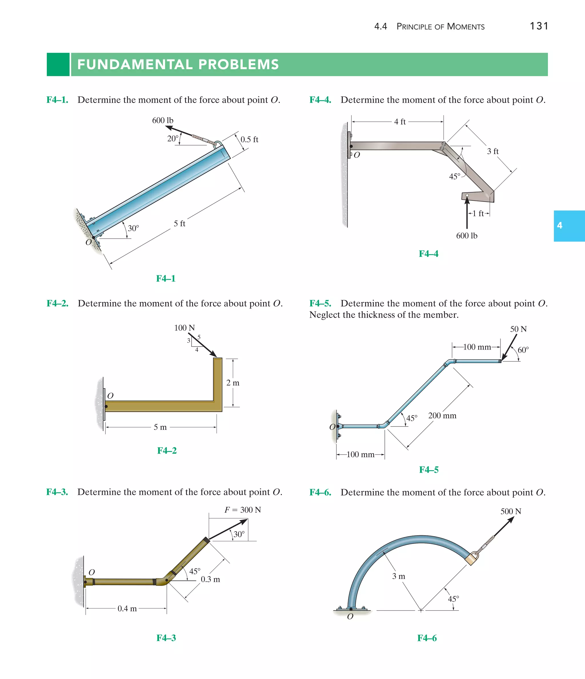 4.4 PRINCIPLE OF MOMENTS 131
4
FUNDAMENTAL PROBLEMS
F4–1. Determine the moment of the force about point O.
5 ft
0.5 ft
600 lb
20
30
O
F4–1
5 m
2 m
100 N
3
4
5
O
F4–2
30
45
F  300 N
0.4 m
0.3 m
O
F4–3
4 ft
3 ft
1 ft
600 lb
O
45
F4–4
50 N
60
45
100 mm
100 mm
200 mm
O
F4–5
500 N
3 m
O
45
F4–6
F4–4. Determine the moment of the force about point O.
F4–5. Determine the moment of the force about point O.
Neglect the thickness of the member.
F4–6. Determine the moment of the force about point O.
F4–3. Determine the moment of the force about point O.
F4–2. Determine the moment of the force about point O.
 