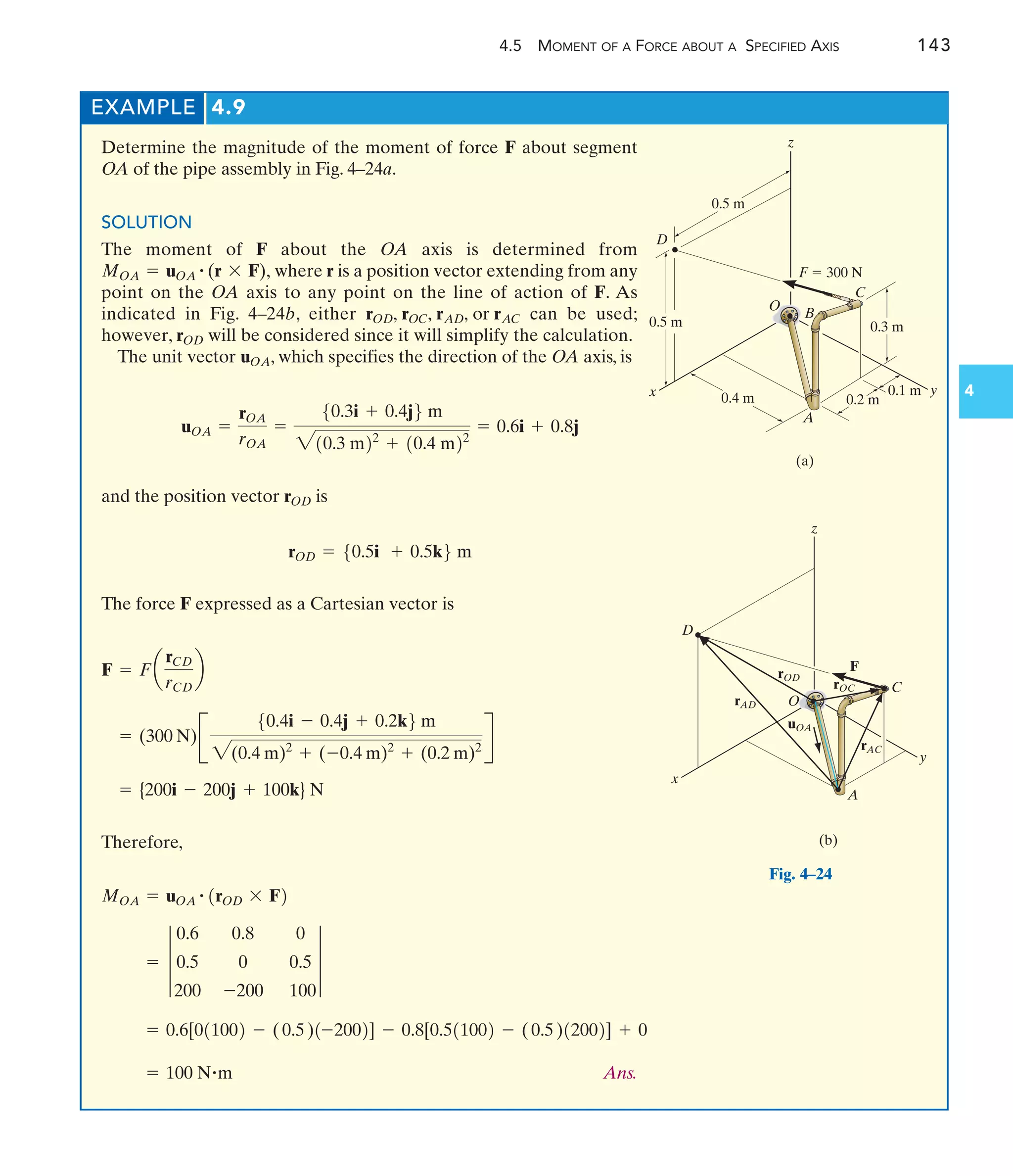 4.5 MOMENT OF A FORCE ABOUT A SPECIFIED AXIS 143
4
EXAMPLE 4.9
Determine the magnitude of the moment of force F about segment
OA of the pipe assembly in Fig. 4–24a.
SOLUTION
The moment of F about the OA axis is determined from
where r is a position vector extending from any
point on the OA axis to any point on the line of action of F. As
indicated in Fig. 4–24b, either can be used;
however, will be considered since it will simplify the calculation.
The unit vector , which specifies the direction of the OA axis, is
and the position vector is
rOD = 50.5i + 0.5k6 m
rOD
uOA =
rOA
rOA
=
50.3i + 0.4j6 m
210.3 m22
+ 10.4 m22
= 0.6i + 0.8j
uOA
rOD
rOD, rOC, rAD, or rAC
MOA = uOA
# (r * F),
The force F expressed as a Cartesian vector is
= {200i - 200j + 100k} N
= (300 N)B
50.4i - 0.4j + 0.2k6 m
2(0.4 m)2
+ (-0.4 m)2
+ (0.2 m)2
R
F = Fa
rCD
rCD
b
Therefore,
Ans.
= 100 N#m
= 0.6[011002 - (0.5)1-2002] - 0.8[0.511002 - (0.5)12002] + 0
= 3
0.6 0.8 0
0.5 0 0.5
200 -200 100
3
MOA = uOA
# 1rOD * F2
0.1 m
0.3 m
0.2 m
0.4 m
0.5 m
0.5 m
(a)
x y
C
A
O
D
z
F  300 N
B
Fig. 4–24
x
y
z
F
(b)
D
A
C
O
rOD
rAD
rAC
rOC
uOA
 