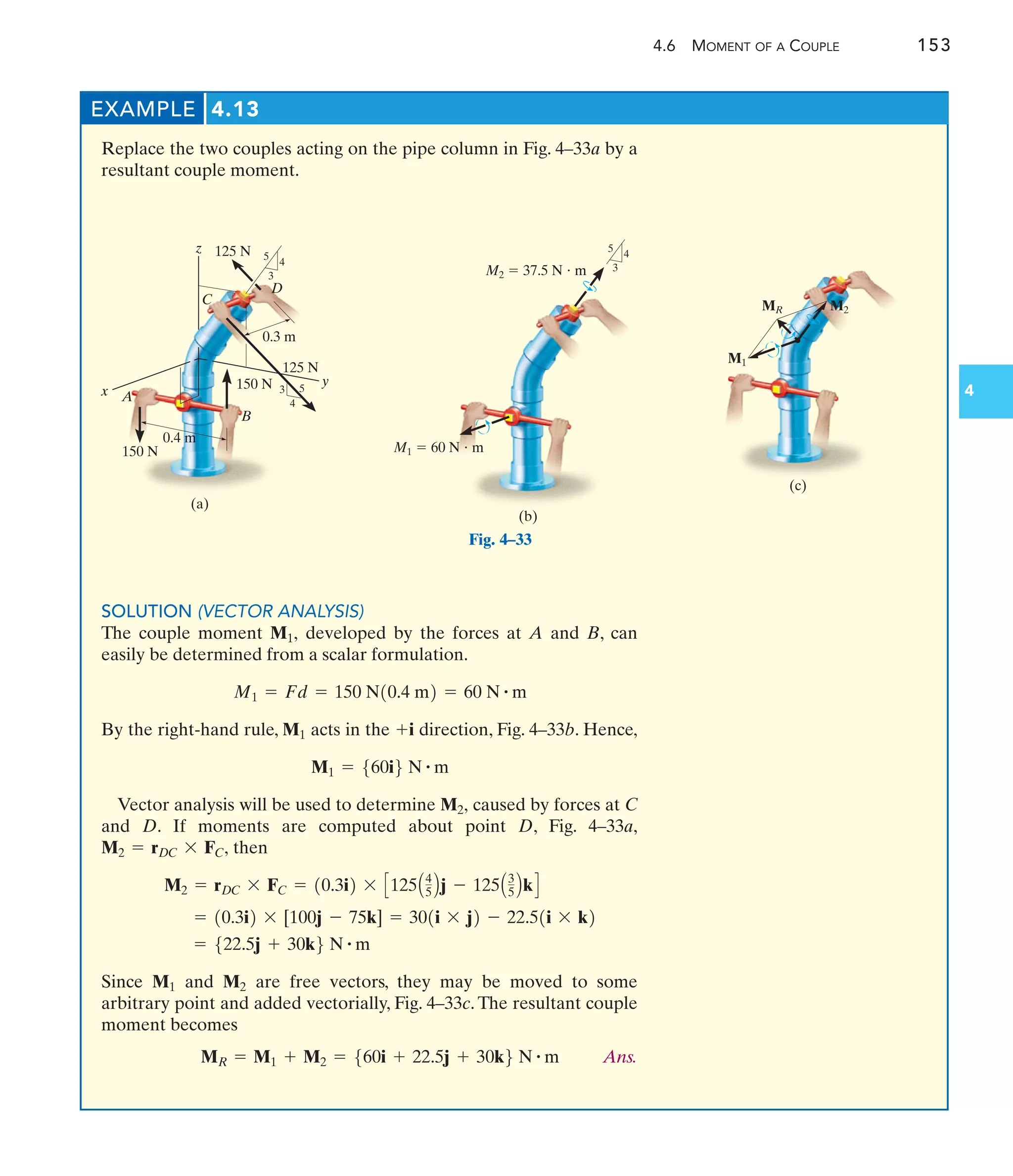 4.6 MOMENT OF A COUPLE 153
4
EXAMPLE 4.13
Replace the two couples acting on the pipe column in Fig. 4–33a by a
resultant couple moment.
SOLUTION (VECTOR ANALYSIS)
The couple moment developed by the forces at A and B, can
easily be determined from a scalar formulation.
By the right-hand rule, acts in the direction, Fig. 4–33b. Hence,
Vector analysis will be used to determine caused by forces at C
and D. If moments are computed about point D, Fig. 4–33a,
then
Since and are free vectors, they may be moved to some
arbitrary point and added vectorially, Fig. 4–33c. The resultant couple
moment becomes
Ans.
MR = M1 + M2 = 560i + 22.5j + 30k6 N # m
M2
M1
= 522.5j + 30k6 N # m
= 10.3i2 * [100j - 75k] = 301i * j2 - 22.51i * k2
M2 = rDC * FC = 10.3i2 * C125A4
5 Bj - 125A3
5 BkD
M2 = rDC * FC,
M2,
M1 = 560i6 N # m
+i
M1
M1 = Fd = 150 N10.4 m2 = 60 N # m
M1,
0.3 m
150 N
125 N
125 N
3
4
5
D
z
y
5
3
4
C
0.4 m
150 N
A
B
x
(a)
Fig. 4–33
M2  37.5 N  m
M1  60 N  m
3
4
5
(b)
(c)
M1
M2
MR
 