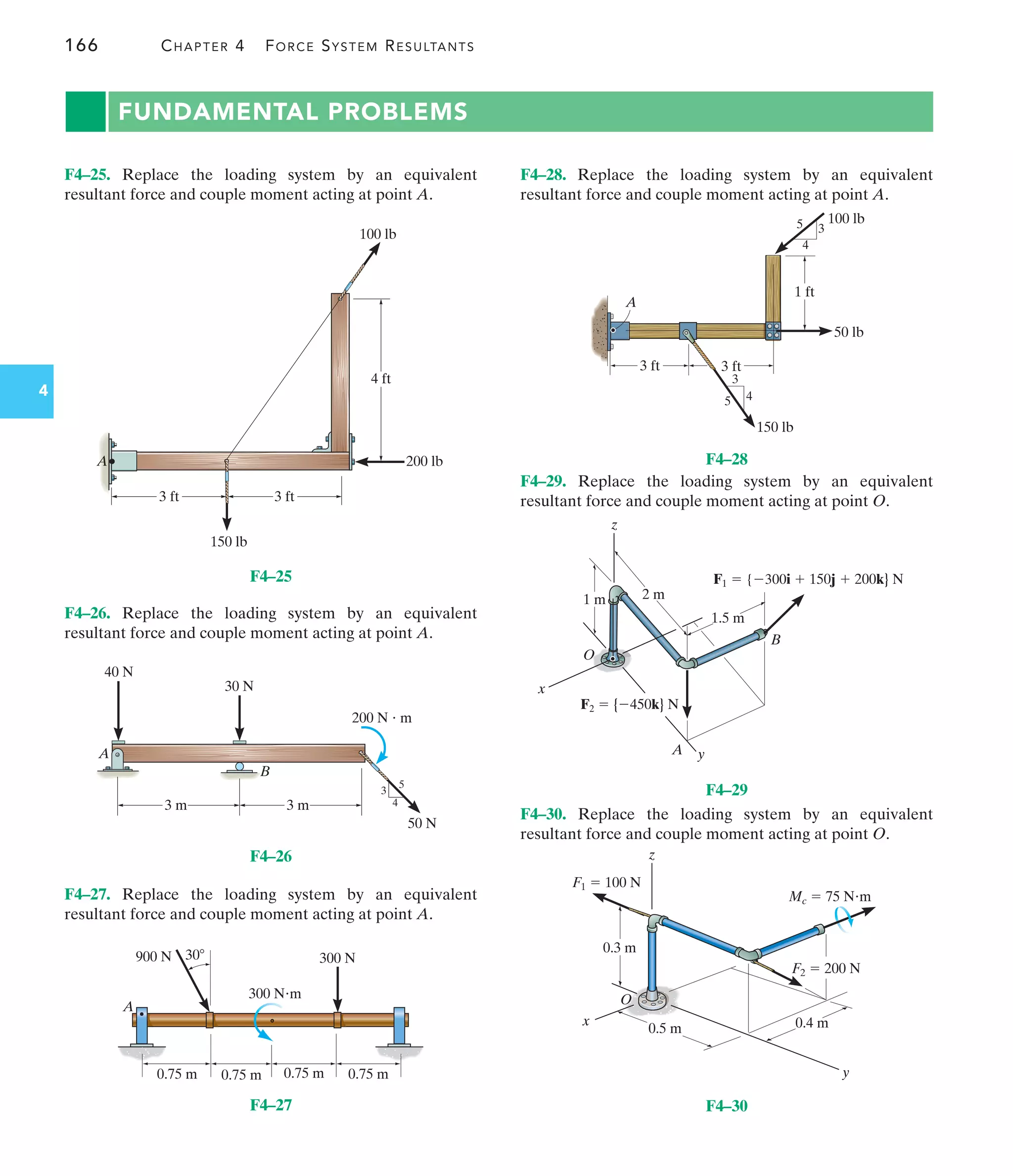 166 CHAPTER 4 FORCE SYSTEM RESULTANTS
4
F4–28. Replace the loading system by an equivalent
resultant force and couple moment acting at point A.
F4–29. Replace the loading system by an equivalent
resultant force and couple moment acting at point O.
F4–30. Replace the loading system by an equivalent
resultant force and couple moment acting at point O.
F4–26. Replace the loading system by an equivalent
resultant force and couple moment acting at point A.
F4–25. Replace the loading system by an equivalent
resultant force and couple moment acting at point A.
F4–27. Replace the loading system by an equivalent
resultant force and couple moment acting at point A.
A
3 ft 3 ft
4 ft
150 lb
200 lb
100 lb
3
4
5
50 N
200 N  m
30 N
40 N
A
B
3 m 3 m
900 N 30
300 Nm
0.75 m 0.75 m 0.75 m 0.75 m
A
300 N
50 lb
100 lb
4
3
5
A
4
3
5
150 lb
3 ft 3 ft
1 ft
x
z
y
O
A
B
2 m
1 m
1.5 m
F1  {300i  150j  200k} N
F2  {450k} N
0.5 m 0.4 m
z
y
x
F2  200 N
F1  100 N
0.3 m
Mc  75 Nm
O
FUNDAMENTAL PROBLEMS
F4–25
F4–28
F4–29
F4–30
F4–26
F4–27
 