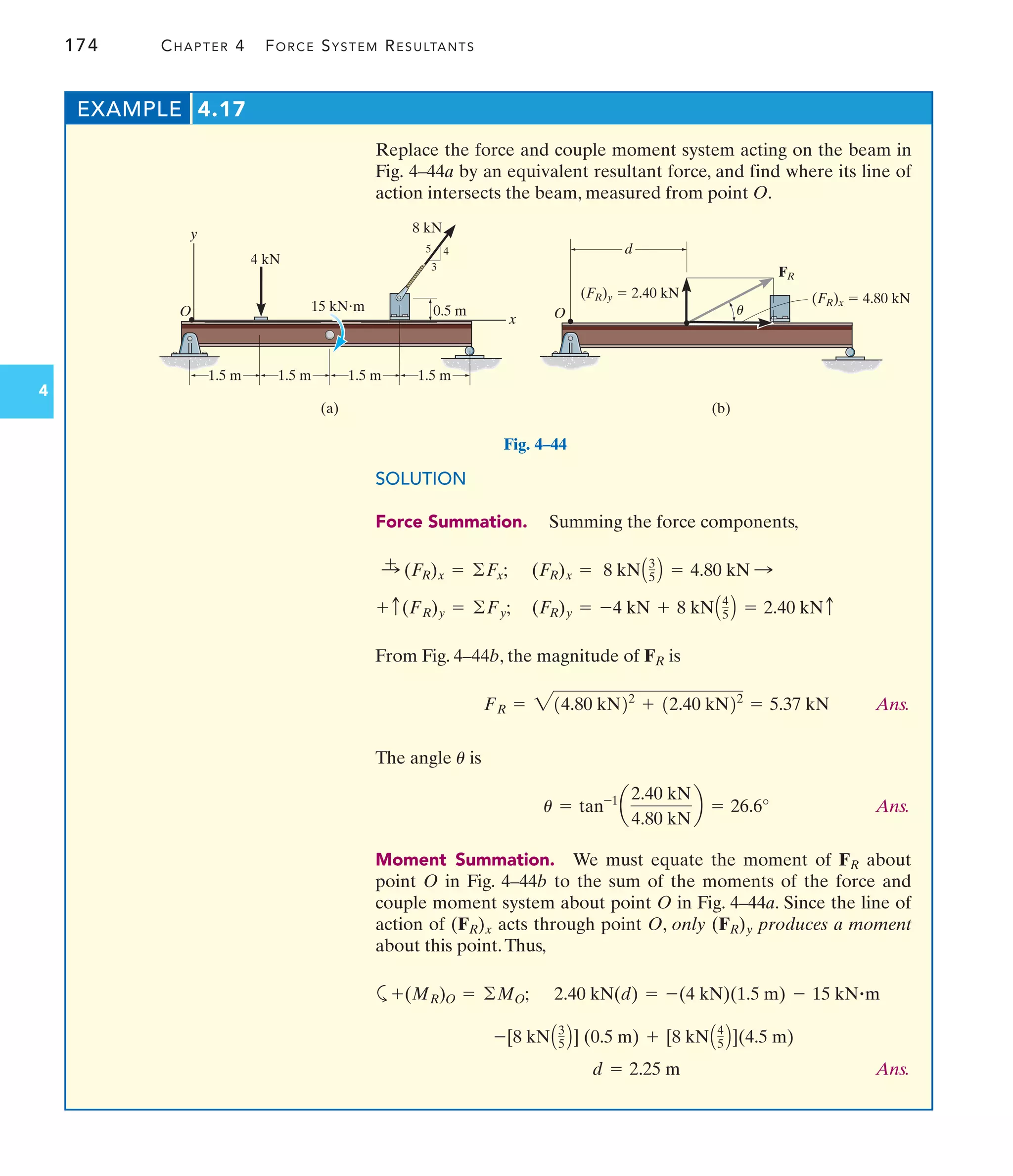 174 CHAPTER 4 FORCE SYSTEM RESULTANTS
4
Replace the force and couple moment system acting on the beam in
Fig. 4–44a by an equivalent resultant force, and find where its line of
action intersects the beam, measured from point O.
EXAMPLE 4.17
SOLUTION
Force Summation. Summing the force components,
From Fig. 4–44b, the magnitude of is
Ans.
The angle is
Ans.
Moment Summation. We must equate the moment of about
point O in Fig. 4–44b to the sum of the moments of the force and
couple moment system about point O in Fig. 4–44a. Since the line of
action of acts through point O, only produces a moment
about this point.Thus,
a
Ans.
d = 2.25 m
-[8 kNA3
5 B] (0.5 m) + [8 kNA4
5 B](4.5 m)
2.40 kN(d) = -(4 kN)(1.5 m) - 15 kN#m
+(MR)O = ©MO;
(FR)y
(FR)x
FR
u = tan-1
a
2.40 kN
4.80 kN
b = 26.6°
u
FR = 214.80 kN22
+ 12.40 kN22
= 5.37 kN
FR
(FR)y = -4 kN + 8 kNA4
5 B = 2.40 kNc
+ c(FR)y = ©Fy;
(FR)x = 8 kNA3
5 B = 4.80 kN :
:
+ (FR)x = ©Fx;
(a)
O
4 kN
15 kNm
8 kN
3
4
5
1.5 m 1.5 m 1.5 m 1.5 m
0.5 m
y
x
Fig. 4–44
(b)
d
O
FR
(FR)x  4.80 kN
(FR)y  2.40 kN
u
 