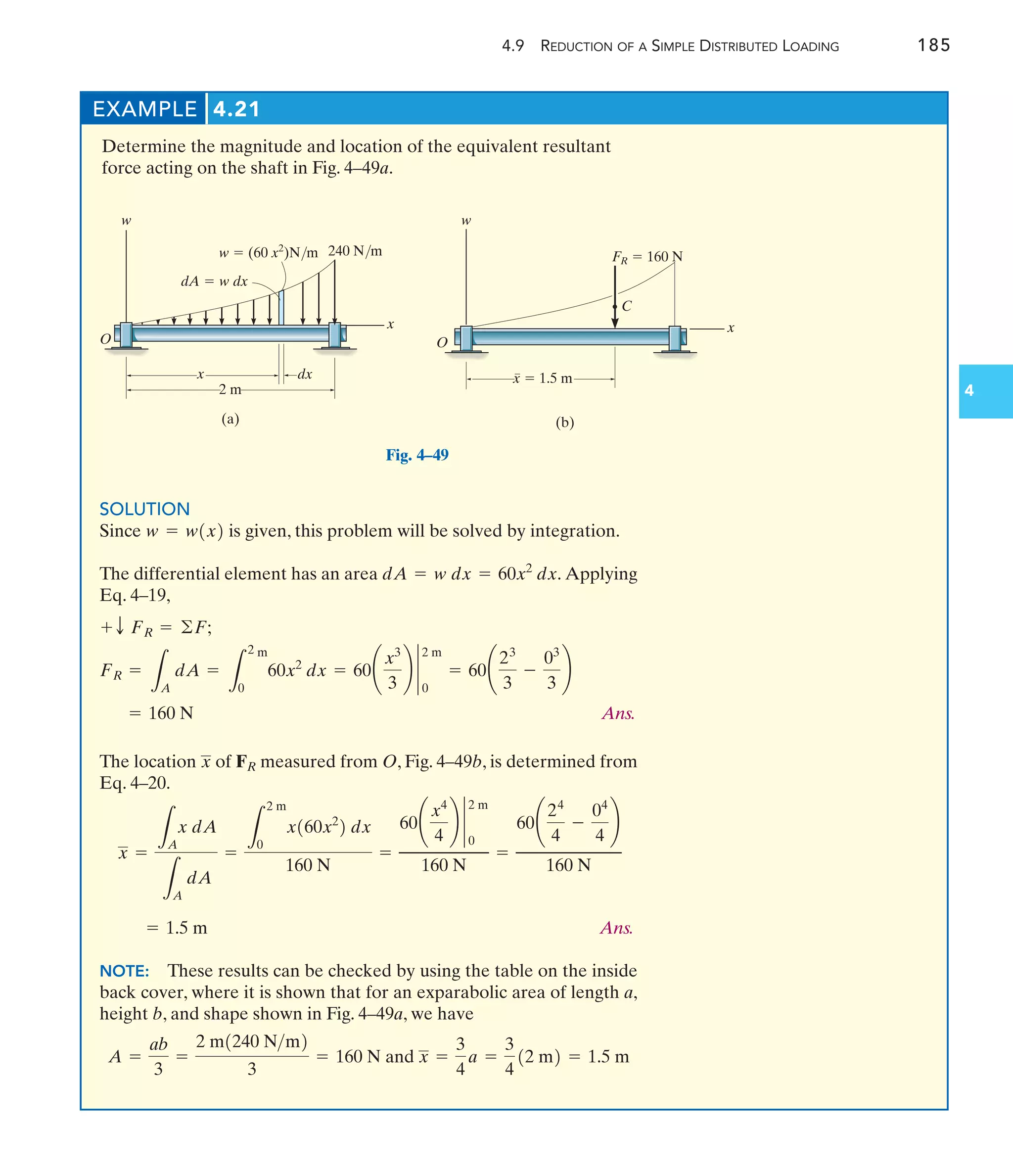 4.9 REDUCTION OF A SIMPLE DISTRIBUTED LOADING 185
4
EXAMPLE 4.21
Determine the magnitude and location of the equivalent resultant
force acting on the shaft in Fig. 4–49a.
w  (60 x2
)N/m
(a)
dA  w dx
2 m
x dx
O
x
240 N/m
w
Fig. 4–49
(b)
O
x
w
C
x  1.5 m
FR  160 N
SOLUTION
Since is given, this problem will be solved by integration.
The differential element has an area Applying
Eq. 4–19,
Ans.
The location of measured from O, Fig. 4–49b, is determined from
Eq. 4–20.
Ans.
NOTE: These results can be checked by using the table on the inside
back cover, where it is shown that for an exparabolic area of length a,
height b, and shape shown in Fig. 4–49a, we have
=
3
4
12 m2 = 1.5 m
A =
ab
3
=
2 m1240 Nm2
3
= 160 N and x =
3
4
a
= 1.5 m
x =
L
A
x dA
L
A
dA
=
L
2 m
0
x160x2
2 dx
160 N
=
60¢
x4
4
≤ `
0
2 m
160 N
=
60¢
24
4
-
04
4
≤
160 N
FR
x
= 160 N
FR =
L
A
dA =
L
2 m
0
60x2
dx = 60¢
x3
3
≤ `
0
2 m
= 60¢
23
3
-
03
3
≤
+ T FR = ©F;
dA = w dx = 60x2
dx.
w = w1x2
 