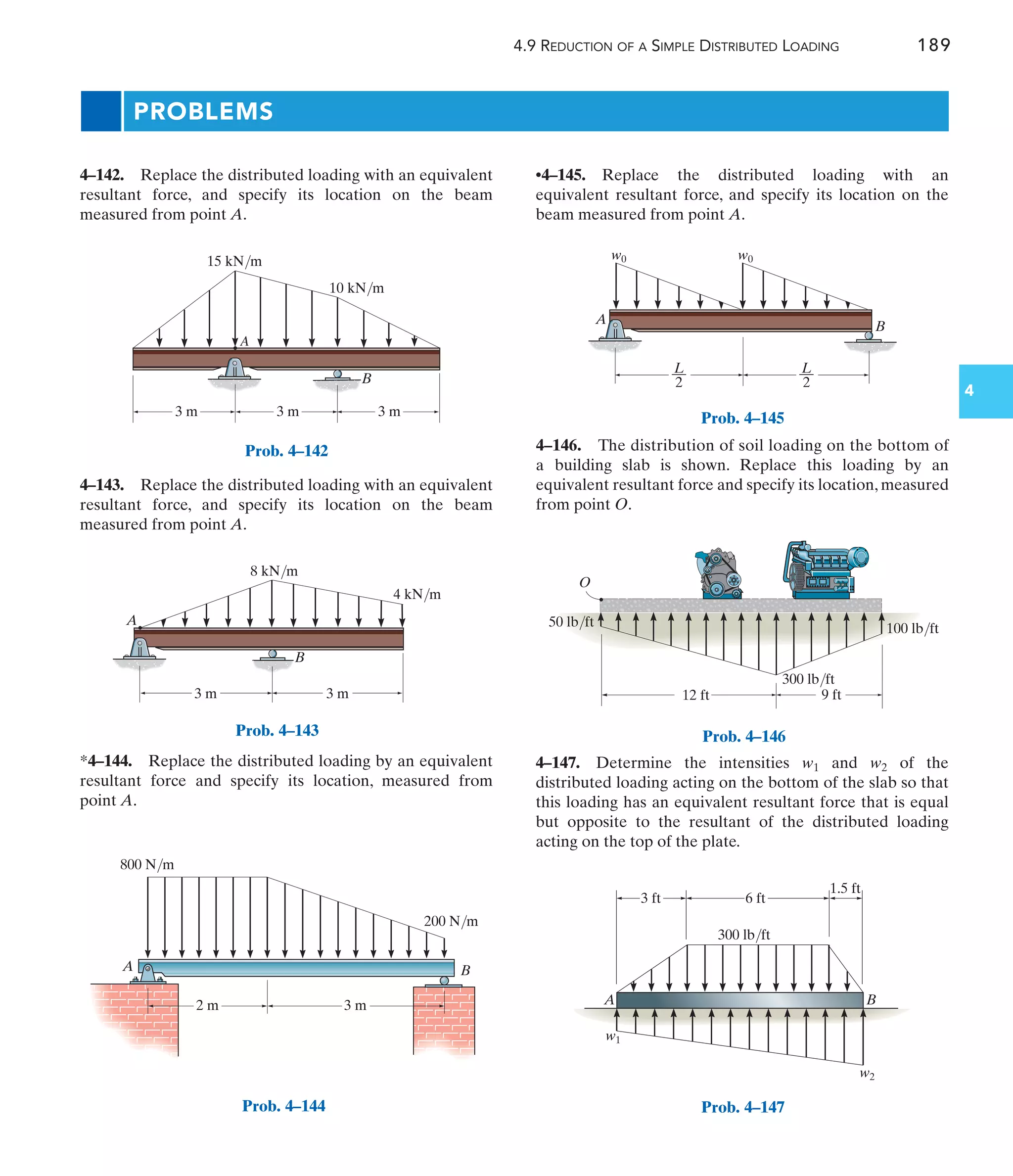4.9 REDUCTION OF A SIMPLE DISTRIBUTED LOADING 189
4
A
B
3 m 3 m
15 kN/m
10 kN/m
3 m
Prob. 4–142
B
A
8 kN/m
4 kN/m
3 m 3 m
Prob. 4–143
3 m
2 m
A B
800 N/m
200 N/m
Prob. 4–144
A
B
L
––
2
L
––
2
w0 w0
Prob. 4–145
•4–145. Replace the distributed loading with an
equivalent resultant force, and specify its location on the
beam measured from point A.
4–143. Replace the distributed loading with an equivalent
resultant force, and specify its location on the beam
measured from point A.
*4–144. Replace the distributed loading by an equivalent
resultant force and specify its location, measured from
point A.
4–142. Replace the distributed loading with an equivalent
resultant force, and specify its location on the beam
measured from point A.
4–146. The distribution of soil loading on the bottom of
a building slab is shown. Replace this loading by an
equivalent resultant force and specify its location, measured
from point O.
4–147. Determine the intensities and of the
distributed loading acting on the bottom of the slab so that
this loading has an equivalent resultant force that is equal
but opposite to the resultant of the distributed loading
acting on the top of the plate.
w2
w1
PROBLEMS
12 ft 9 ft
100 lb/ft
50 lb/ft
300 lb/ft
O
Prob. 4–146
300 lb/ft
A B
3 ft 6 ft
1.5 ft
w2
w1
Prob. 4–147
 