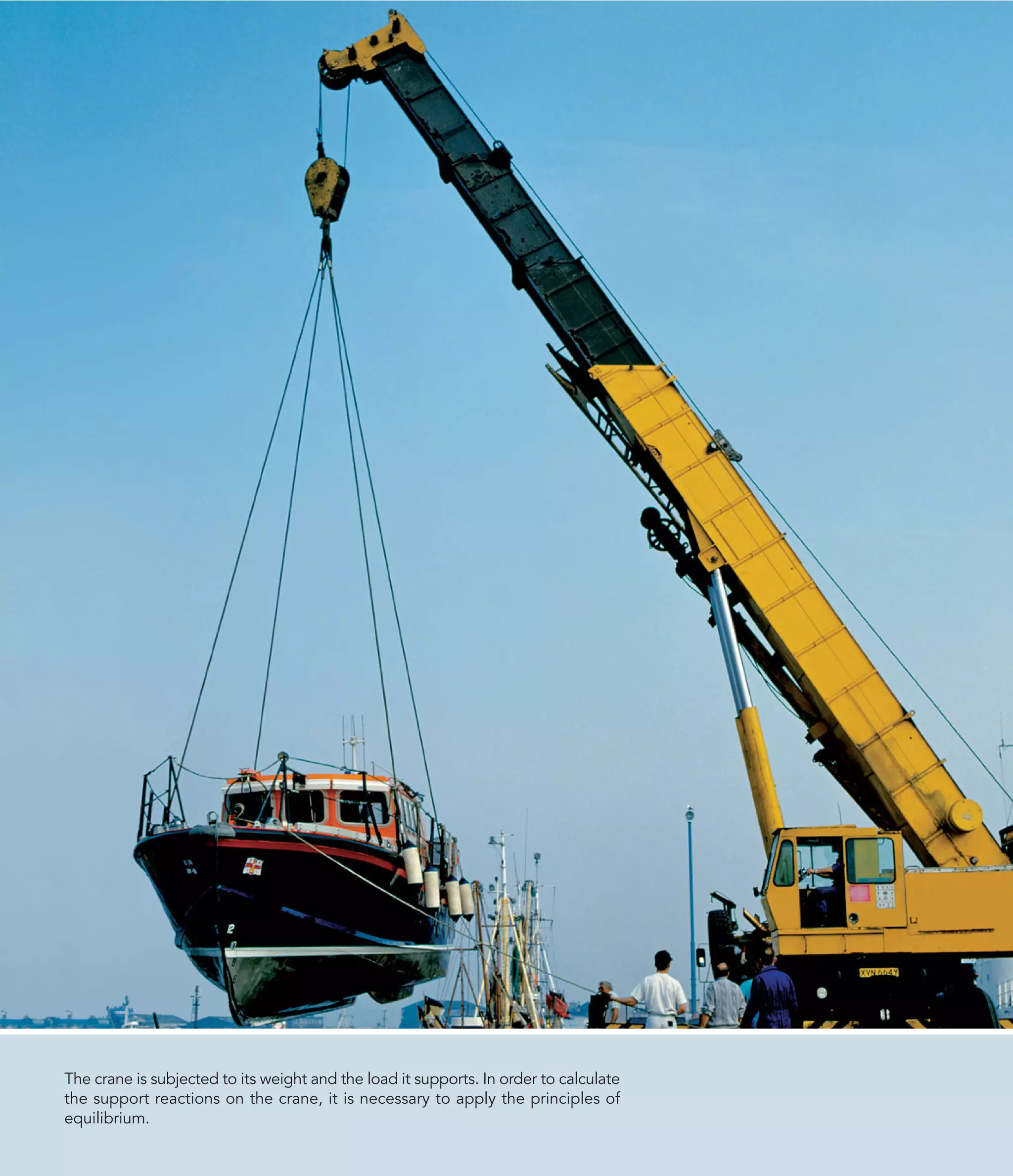 The crane is subjected to its weight and the load it supports. In order to calculate
the support reactions on the crane, it is necessary to apply the principles of
equilibrium.
 