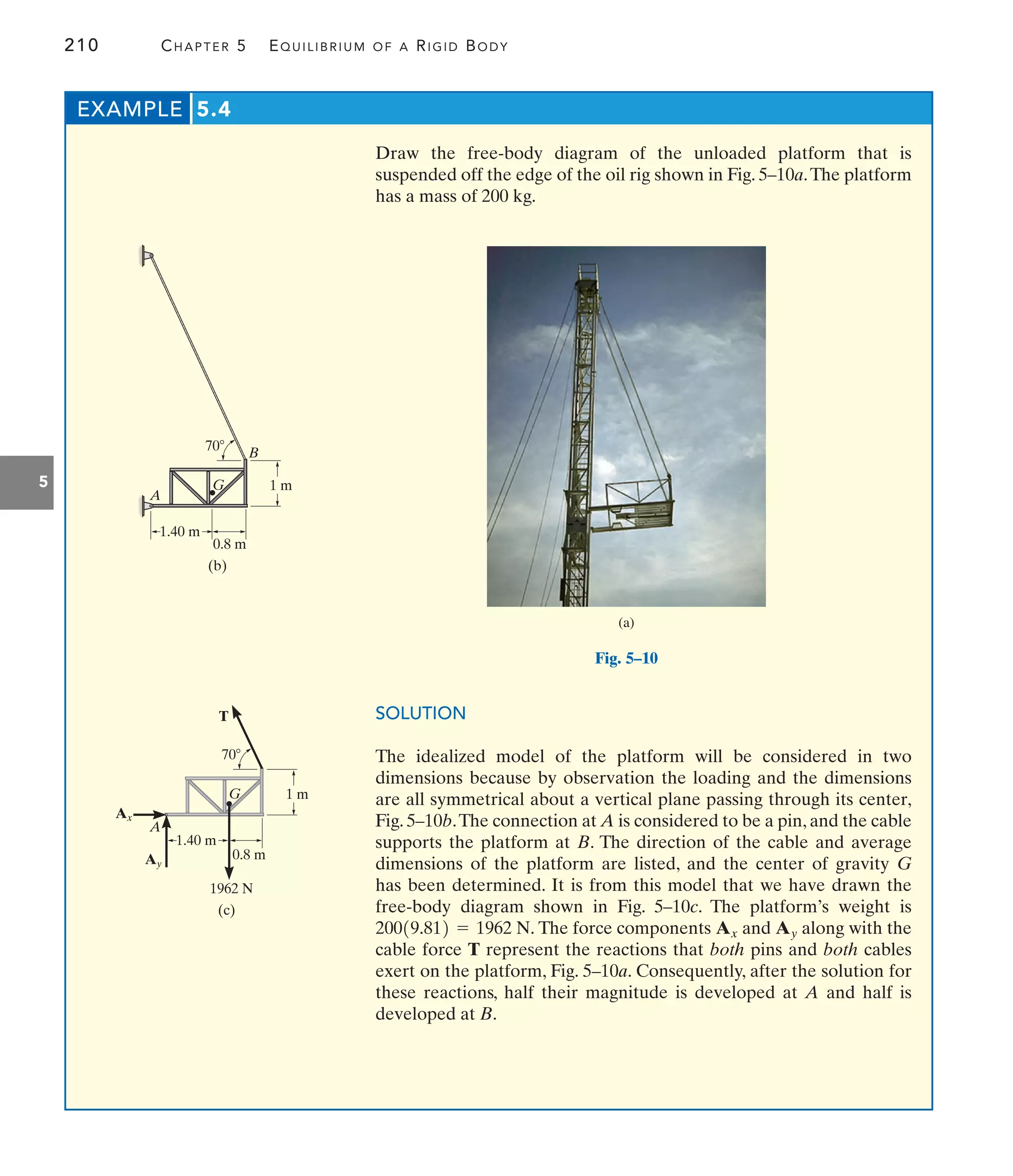 210 CHAPTER 5 EQUILIBRIUM OF A RIGID BODY
5
Draw the free-body diagram of the unloaded platform that is
suspended off the edge of the oil rig shown in Fig. 5–10a.The platform
has a mass of 200 kg.
EXAMPLE 5.4
(a)
1.40 m
1 m
70
0.8 m
(b)
A
G
B
1.40 m
1 m
70
0.8 m
1962 N
(c)
Ax
Ay
G
A
T
Fig. 5–10
SOLUTION
The idealized model of the platform will be considered in two
dimensions because by observation the loading and the dimensions
are all symmetrical about a vertical plane passing through its center,
Fig. 5–10b.The connection at A is considered to be a pin, and the cable
supports the platform at B. The direction of the cable and average
dimensions of the platform are listed, and the center of gravity G
has been determined. It is from this model that we have drawn the
free-body diagram shown in Fig. 5–10c. The platform’s weight is
The force components and along with the
cable force T represent the reactions that both pins and both cables
exert on the platform, Fig. 5–10a. Consequently, after the solution for
these reactions, half their magnitude is developed at A and half is
developed at B.
Ay
Ax
20019.812 = 1962 N.
 