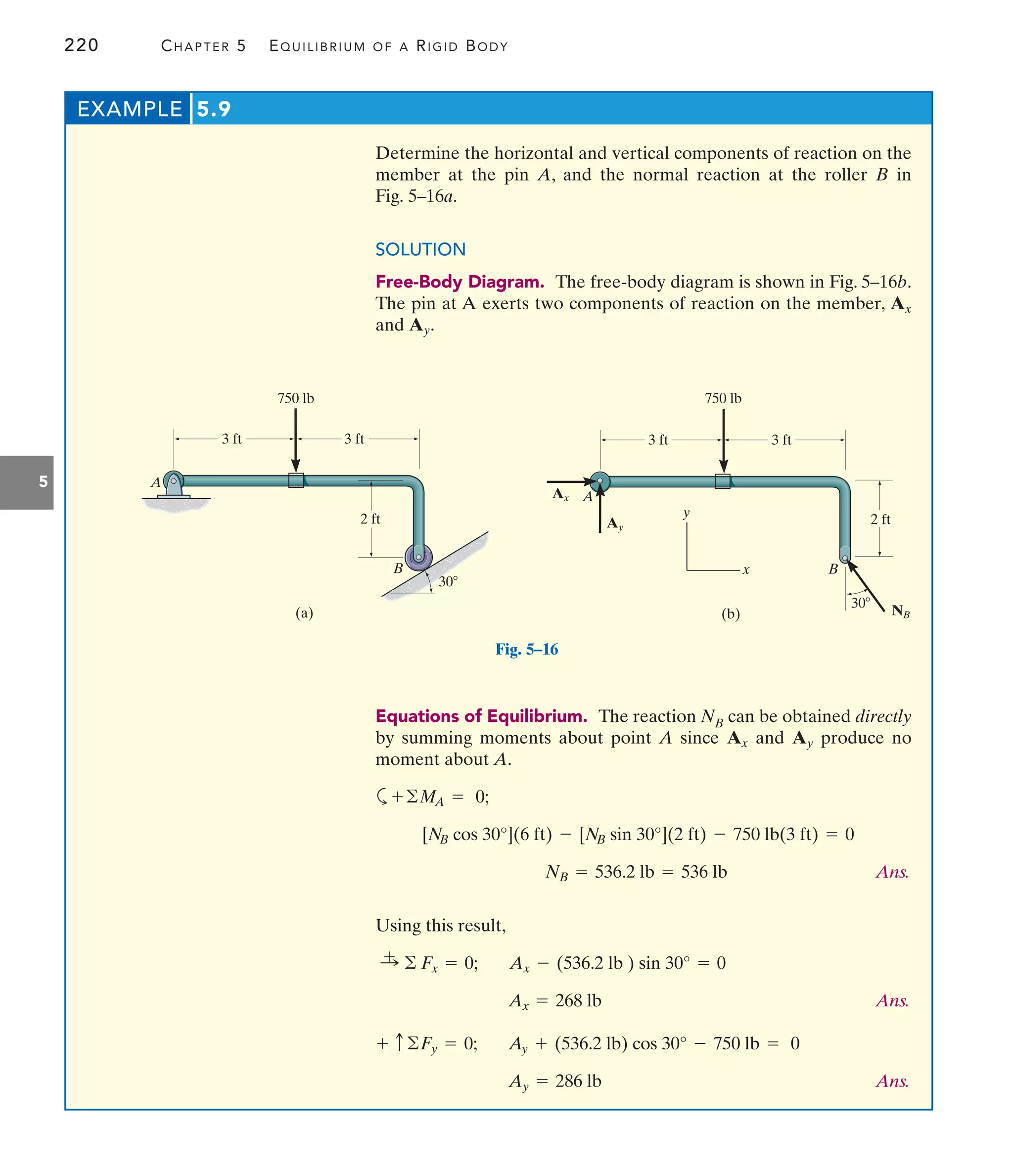220 CHAPTER 5 EQUILIBRIUM OF A RIGID BODY
5
Determine the horizontal and vertical components of reaction on the
member at the pin A, and the normal reaction at the roller B in
Fig. 5–16a.
SOLUTION
Free-Body Diagram. The free-body diagram is shown in Fig. 5–16b.
The pin at A exerts two components of reaction on the member,
and .
Ay
Ax
EXAMPLE 5.9
3 ft
A
B
3 ft
2 ft
(a)
30
750 lb
A
B
2 ft
3 ft 3 ft
750 lb
Ax
Ay
NB
30
y
x
(b)
Fig. 5–16
Equations of Equilibrium. The reaction NB can be obtained directly
by summing moments about point A since and produce no
moment about A.
a
Ans.
Using this result,
Ans.
Ans.
Ay = 286 lb
Ay + (536.2 lb) cos 30° - 750 lb = 0
+ c©Fy = 0;
Ax = 268 lb
Ax - (536.2 lb ) sin 30° = 0
:
+ © Fx = 0;
NB = 536.2 lb = 536 lb
[NB cos 30°](6 ft) - [NB sin 30°](2 ft) - 750 lb(3 ft) = 0
+©MA = 0;
Ay
Ax
 