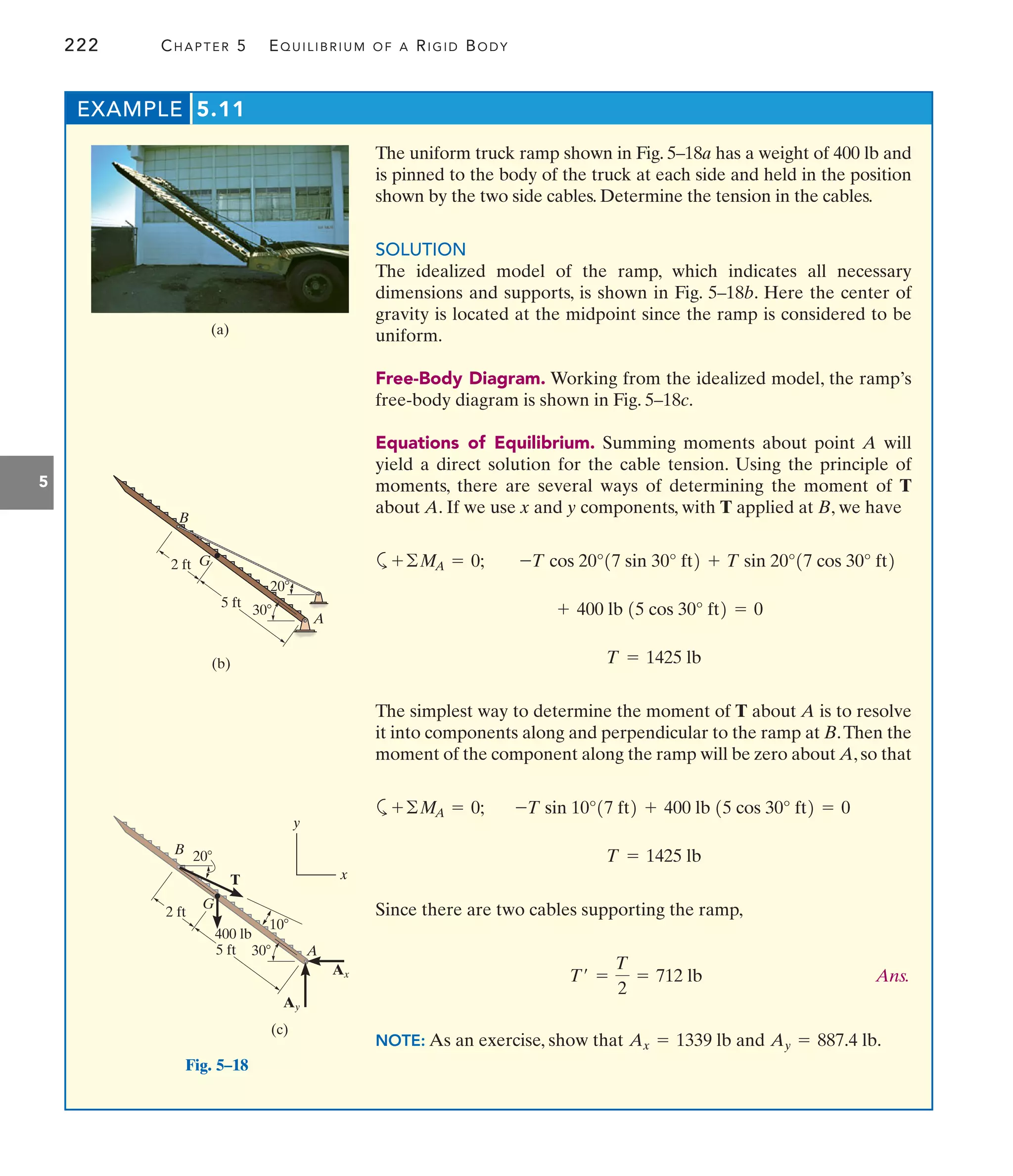222 CHAPTER 5 EQUILIBRIUM OF A RIGID BODY
5
The uniform truck ramp shown in Fig. 5–18a has a weight of 400 lb and
is pinned to the body of the truck at each side and held in the position
shown by the two side cables. Determine the tension in the cables.
SOLUTION
The idealized model of the ramp, which indicates all necessary
dimensions and supports, is shown in Fig. 5–18b. Here the center of
gravity is located at the midpoint since the ramp is considered to be
uniform.
Free-Body Diagram. Working from the idealized model, the ramp’s
free-body diagram is shown in Fig. 5–18c.
Equations of Equilibrium. Summing moments about point A will
yield a direct solution for the cable tension. Using the principle of
moments, there are several ways of determining the moment of T
about A. If we use x and y components, with T applied at B, we have
a
The simplest way to determine the moment of T about A is to resolve
it into components along and perpendicular to the ramp at B.Then the
moment of the component along the ramp will be zero about A, so that
a
Since there are two cables supporting the ramp,
Ans.
NOTE: As an exercise, show that and Ay = 887.4 lb.
Ax = 1339 lb
T¿ =
T
2
= 712 lb
T = 1425 lb
-T sin 10°17 ft2 + 400 lb 15 cos 30° ft2 = 0
+©MA = 0;
T = 1425 lb
+ 400 lb 15 cos 30° ft2 = 0
-T cos 20°17 sin 30° ft2 + T sin 20°17 cos 30° ft2
+©MA = 0;
EXAMPLE 5.11
(a)
(b)
G
B
A
30
20
2 ft
5 ft
(c)
G
B
A
Ay
Ax
T
30
2 ft
10
20
5 ft
400 lb
x
y
Fig. 5–18
 