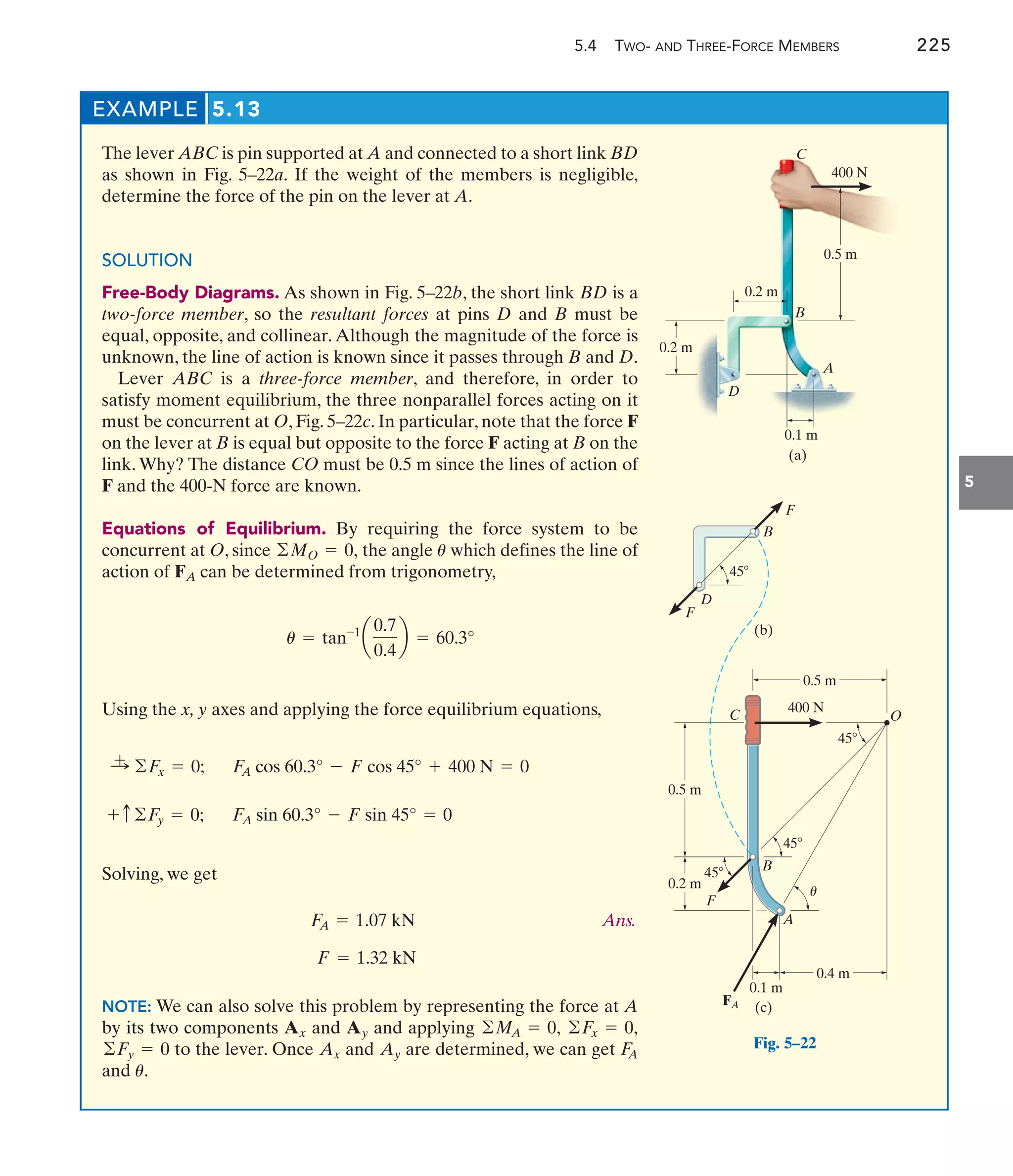 5.4 TWO- AND THREE-FORCE MEMBERS 225
5
EXAMPLE 5.13
The lever ABC is pin supported at A and connected to a short link BD
as shown in Fig. 5–22a. If the weight of the members is negligible,
determine the force of the pin on the lever at A.
SOLUTION
Free-Body Diagrams. As shown in Fig. 5–22b, the short link BD is a
two-force member, so the resultant forces at pins D and B must be
equal, opposite, and collinear. Although the magnitude of the force is
unknown, the line of action is known since it passes through B and D.
Lever ABC is a three-force member, and therefore, in order to
satisfy moment equilibrium, the three nonparallel forces acting on it
must be concurrent at O, Fig. 5–22c. In particular, note that the force F
on the lever at B is equal but opposite to the force F acting at B on the
link. Why? The distance CO must be 0.5 m since the lines of action of
F and the 400-N force are known.
Equations of Equilibrium. By requiring the force system to be
concurrent at O, since the angle which defines the line of
action of can be determined from trigonometry,
Using the x, y axes and applying the force equilibrium equations,
Solving, we get
Ans.
NOTE: We can also solve this problem by representing the force at A
by its two components and and applying
to the lever. Once and are determined, we can get
and .
u
FA
Ay
Ax
©Fy = 0
©Fx = 0,
©MA = 0,
Ay
Ax
F = 1.32 kN
F
A = 1.07 kN
F
A sin 60.3° - F sin 45° = 0
+ c©F
y = 0;
F
A cos 60.3° - F cos 45° + 400 N = 0
:
+ ©F
x = 0;
u = tan-1
a
0.7
0.4
b = 60.3°
FA
u
©MO = 0,
0.5 m
0.2 m
B
A
D
C
0.1 m
0.2 m
(a)
400 N
45
F
F
B
D
(b)
0.2 m
B
A
C
0.5 m
0.5 m
F
45
45
45
O
0.1 m
(c)
0.4 m
FA
400 N
u
Fig. 5–22
 