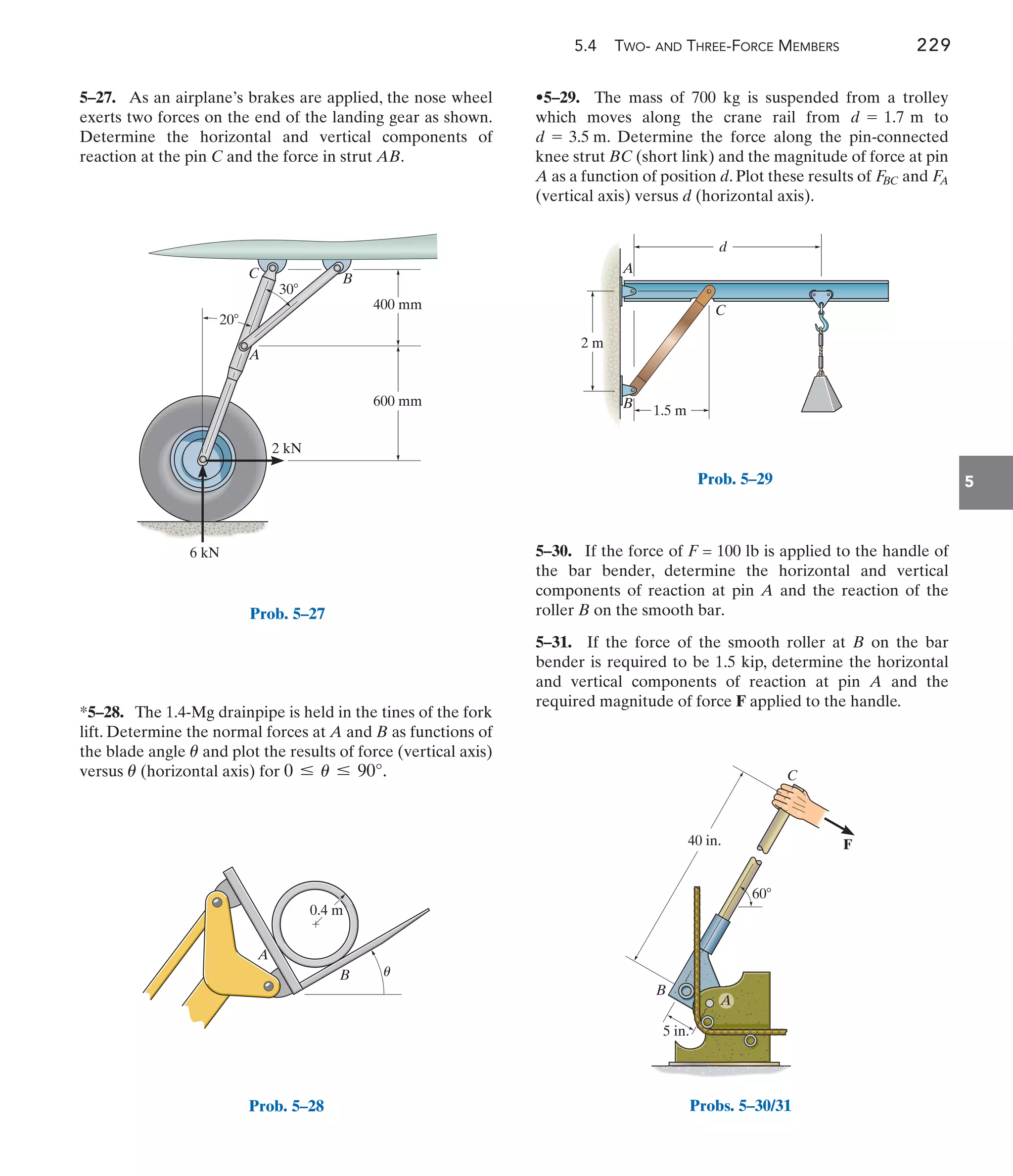 5.4 TWO- AND THREE-FORCE MEMBERS 229
5
•5–29. The mass of 700 kg is suspended from a trolley
which moves along the crane rail from to
. Determine the force along the pin-connected
knee strut BC (short link) and the magnitude of force at pin
A as a function of position d. Plot these results of and
(vertical axis) versus d (horizontal axis).
F
A
F
BC
d = 3.5 m
d = 1.7 m
*5–28. The 1.4-Mg drainpipe is held in the tines of the fork
lift. Determine the normal forces at A and B as functions of
the blade angle and plot the results of force (vertical axis)
versus (horizontal axis) for 0 … u … 90°.
u
u
5–27. As an airplane’s brakes are applied, the nose wheel
exerts two forces on the end of the landing gear as shown.
Determine the horizontal and vertical components of
reaction at the pin C and the force in strut AB.
5–30. If the force of F = 100 lb is applied to the handle of
the bar bender, determine the horizontal and vertical
components of reaction at pin A and the reaction of the
roller B on the smooth bar.
5–31. If the force of the smooth roller at B on the bar
bender is required to be 1.5 kip, determine the horizontal
and vertical components of reaction at pin A and the
required magnitude of force F applied to the handle.
20
30
2 kN
6 kN
B
A
600 mm
400 mm
C
Prob. 5–27
0.4 m
A
B u
Prob. 5–28
A
B
C
2 m
1.5 m
d
Prob. 5–29
60
F
40 in.
5 in.
B
A
C
Probs. 5–30/31
 