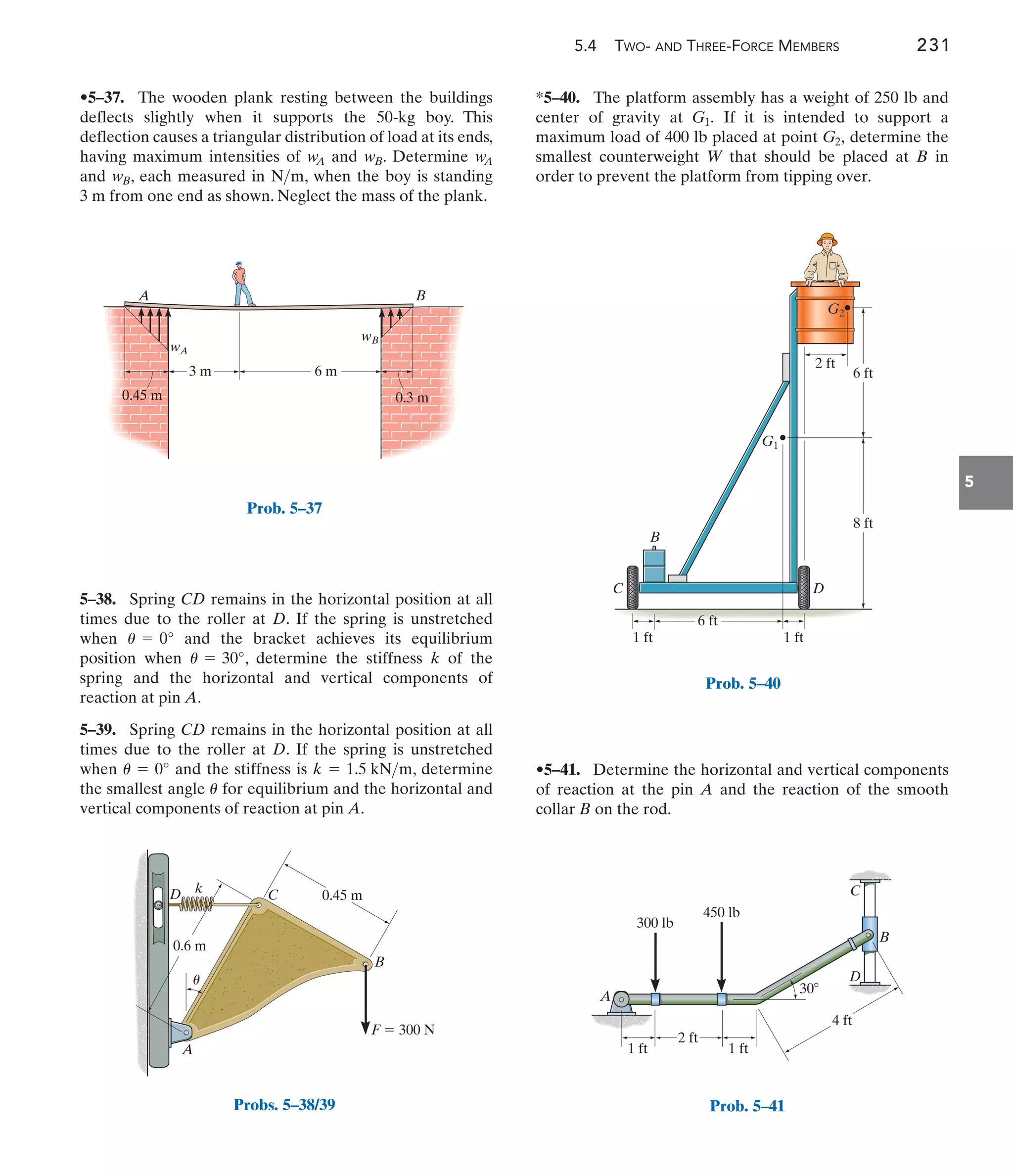 5.4 TWO- AND THREE-FORCE MEMBERS 231
5
*5–40. The platform assembly has a weight of 250 lb and
center of gravity at If it is intended to support a
maximum load of 400 lb placed at point determine the
smallest counterweight W that should be placed at B in
order to prevent the platform from tipping over.
G2,
G1.
5–38. Spring CD remains in the horizontal position at all
times due to the roller at D. If the spring is unstretched
when and the bracket achieves its equilibrium
position when , determine the stiffness k of the
spring and the horizontal and vertical components of
reaction at pin A.
5–39. Spring CD remains in the horizontal position at all
times due to the roller at D. If the spring is unstretched
when and the stiffness is , determine
the smallest angle for equilibrium and the horizontal and
vertical components of reaction at pin A.
u
k = 1.5 kNm
u = 0°
u = 30°
u = 0°
•5–37. The wooden plank resting between the buildings
deflects slightly when it supports the 50-kg boy. This
deflection causes a triangular distribution of load at its ends,
having maximum intensities of and . Determine
and , each measured in , when the boy is standing
3 m from one end as shown. Neglect the mass of the plank.
Nm
wB
wA
wB
wA
•5–41. Determine the horizontal and vertical components
of reaction at the pin A and the reaction of the smooth
collar B on the rod.
3 m
0.45 m 0.3 m
6 m
A B
wA
wB
Prob. 5–37
0.45 m
0.6 m
k
D C
B
A
F  300 N
u
Probs. 5–38/39
6 ft
8 ft
1 ft
1 ft
C
B
G1
D
2 ft
6 ft
G2
Prob. 5–40
A
B
D
C
2 ft
300 lb
4 ft
1 ft 1 ft
30
450 lb
Prob. 5–41
 