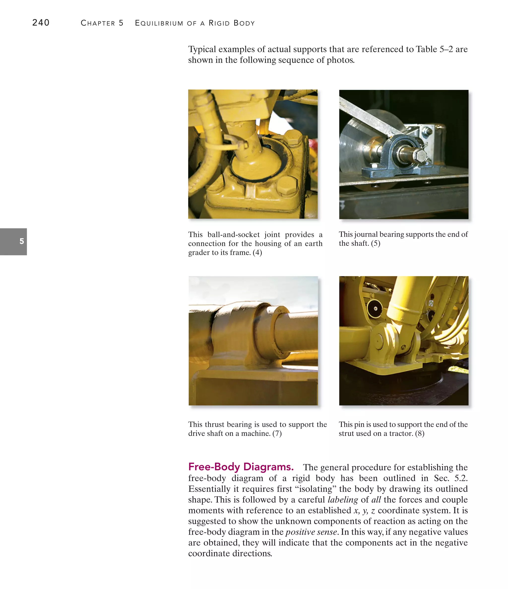 240 CHAPTER 5 EQUILIBRIUM OF A RIGID BODY
5
Typical examples of actual supports that are referenced to Table 5–2 are
shown in the following sequence of photos.
This ball-and-socket joint provides a
connection for the housing of an earth
grader to its frame. (4)
This journal bearing supports the end of
the shaft. (5)
This thrust bearing is used to support the
drive shaft on a machine. (7)
Free-Body Diagrams. The general procedure for establishing the
free-body diagram of a rigid body has been outlined in Sec. 5.2.
Essentially it requires first “isolating” the body by drawing its outlined
shape. This is followed by a careful labeling of all the forces and couple
moments with reference to an established x, y, z coordinate system. It is
suggested to show the unknown components of reaction as acting on the
free-body diagram in the positive sense. In this way, if any negative values
are obtained, they will indicate that the components act in the negative
coordinate directions.
This pin is used to support the end of the
strut used on a tractor. (8)
 