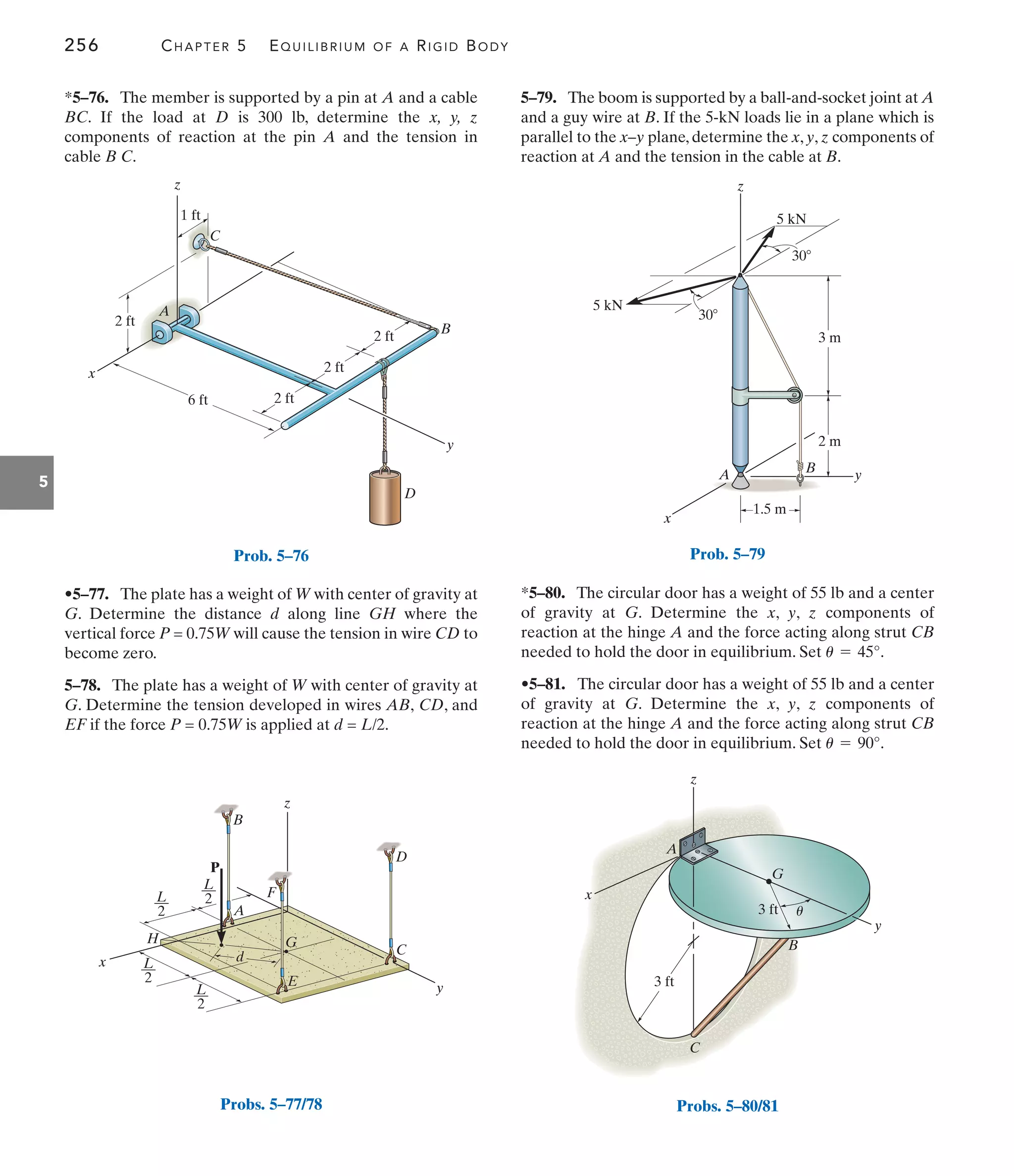 256 CHAPTER 5 EQUILIBRIUM OF A RIGID BODY
5
5–79. The boom is supported by a ball-and-socket joint at A
and a guy wire at B. If the 5-kN loads lie in a plane which is
parallel to the x–y plane, determine the x, y, z components of
reaction at A and the tension in the cable at B.
•5–77. The plate has a weight of W with center of gravity at
G. Determine the distance d along line GH where the
vertical force P = 0.75W will cause the tension in wire CD to
become zero.
5–78. The plate has a weight of W with center of gravity at
G. Determine the tension developed in wires AB, CD, and
EF if the force P = 0.75W is applied at d = L/2.
*5–76. The member is supported by a pin at A and a cable
BC. If the load at D is 300 lb, determine the x, y, z
components of reaction at the pin A and the tension in
cable B C.
*5–80. The circular door has a weight of 55 lb and a center
of gravity at G. Determine the x, y, z components of
reaction at the hinge A and the force acting along strut CB
needed to hold the door in equilibrium. Set .
•5–81. The circular door has a weight of 55 lb and a center
of gravity at G. Determine the x, y, z components of
reaction at the hinge A and the force acting along strut CB
needed to hold the door in equilibrium. Set .
u = 90°
u = 45°
C
1 ft
z
A
B
D
x
6 ft
2 ft
2 ft
2 ft
2 ft
y
Prob. 5–76
z
F
B
D
A
H
y
x
G
d
E
C
P
L
––
2
L
––
2
L
––
2
L
––
2
Probs. 5–77/78
z
5 kN
5 kN
y
x
3 m
2 m
1.5 m
30
30
B
A
Prob. 5–79
C
z
x
y
B
G
A
3 ft
3 ft
u
Probs. 5–80/81
 