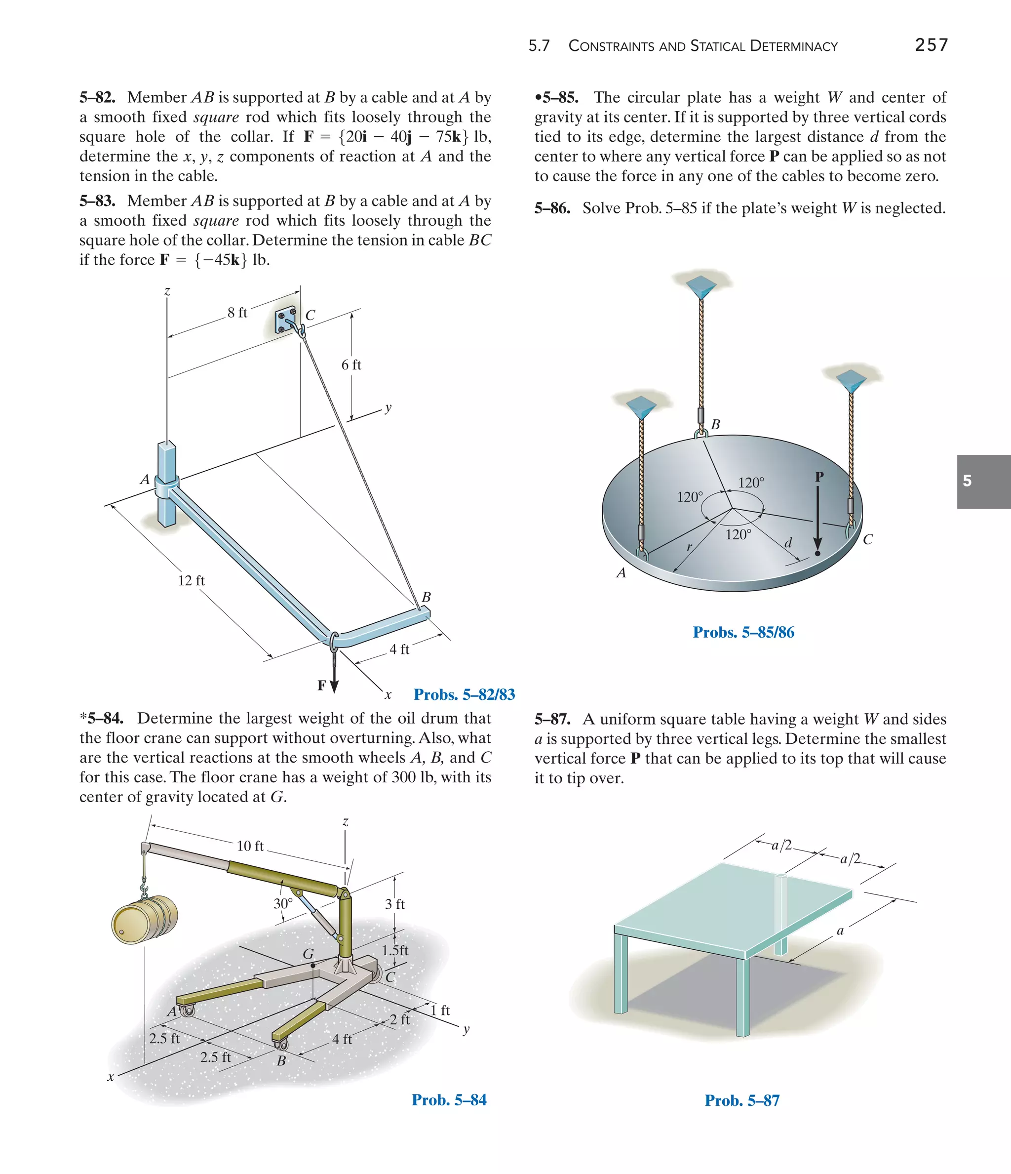 5.7 CONSTRAINTS AND STATICAL DETERMINACY 257
5
•5–85. The circular plate has a weight W and center of
gravity at its center. If it is supported by three vertical cords
tied to its edge, determine the largest distance d from the
center to where any vertical force P can be applied so as not
to cause the force in any one of the cables to become zero.
5–86. Solve Prob. 5–85 if the plate’s weight W is neglected.
5–82. Member AB is supported at B by a cable and at A by
a smooth fixed square rod which fits loosely through the
square hole of the collar. If ,
determine the x, y, z components of reaction at A and the
tension in the cable.
5–83. Member AB is supported at B by a cable and at A by
a smooth fixed square rod which fits loosely through the
square hole of the collar. Determine the tension in cable BC
if the force .
F = 5-45k6 lb
F = 520i - 40j - 75k6 lb
8 ft C
z
6 ft
12 ft
4 ft
F
B
x
A
y
Probs. 5–82/83
a/2
a/2
a
Prob. 5–87
x
z
C
G
B
A
y
3 ft
1.5ft
10 ft
4 ft
2 ft
2.5 ft
2.5 ft
1 ft
30
Prob. 5–84
A
d
120
120
120
C
r
P
B
Probs. 5–85/86
*5–84. Determine the largest weight of the oil drum that
the floor crane can support without overturning.Also, what
are the vertical reactions at the smooth wheels A, B, and C
for this case. The floor crane has a weight of 300 lb, with its
center of gravity located at G.
5–87. A uniform square table having a weight W and sides
a is supported by three vertical legs. Determine the smallest
vertical force P that can be applied to its top that will cause
it to tip over.
 