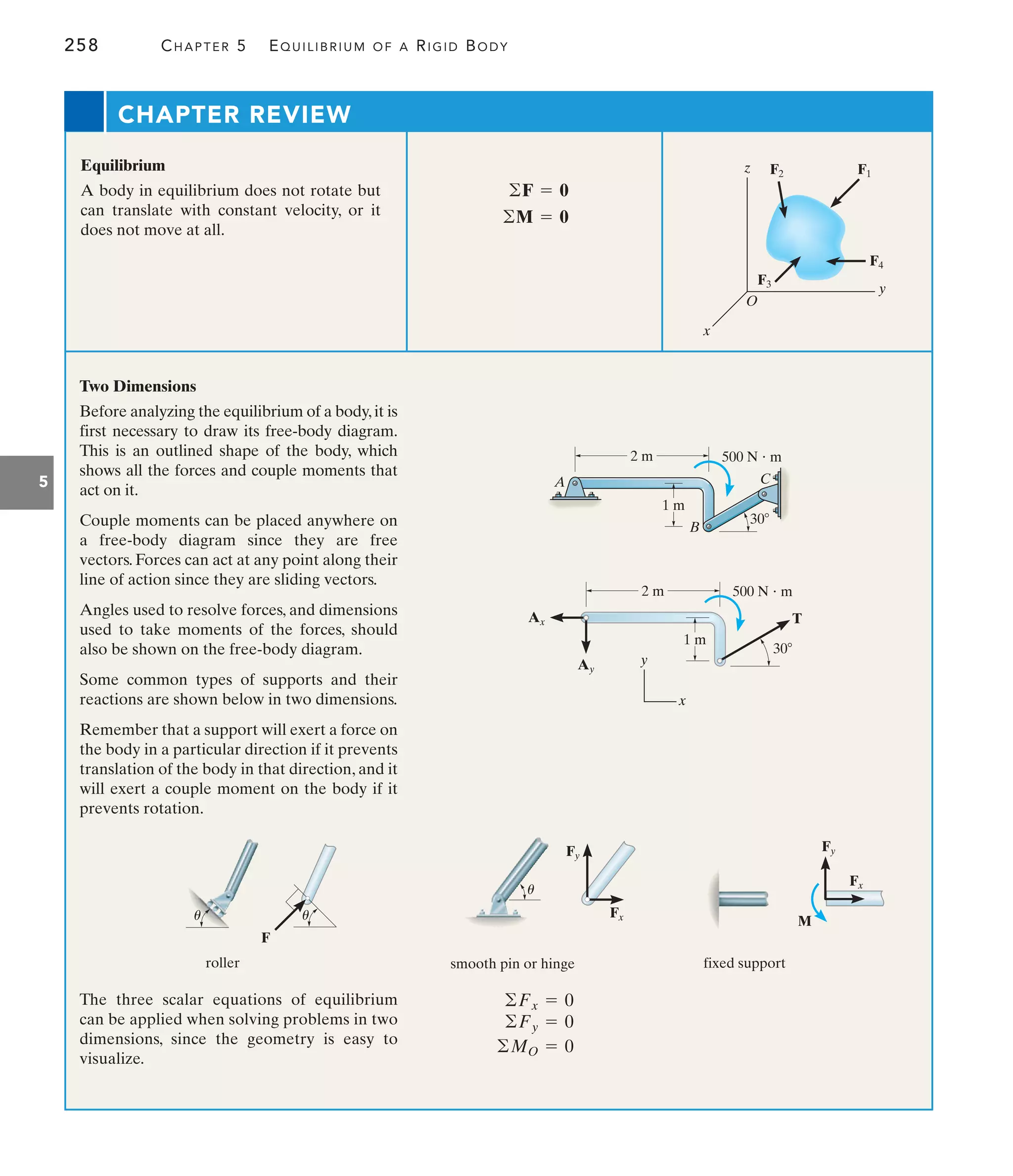 258 CHAPTER 5 EQUILIBRIUM OF A RIGID BODY
5
CHAPTER REVIEW
roller
u
F
u
Equilibrium
A body in equilibrium does not rotate but
can translate with constant velocity, or it
does not move at all.
©M = 0
©F = 0
F3
y
x
z
F4
F1
F2
O
Two Dimensions
Before analyzing the equilibrium of a body,it is
first necessary to draw its free-body diagram.
This is an outlined shape of the body, which
shows all the forces and couple moments that
act on it.
Couple moments can be placed anywhere on
a free-body diagram since they are free
vectors. Forces can act at any point along their
line of action since they are sliding vectors.
Angles used to resolve forces, and dimensions
used to take moments of the forces, should
also be shown on the free-body diagram.
Some common types of supports and their
reactions are shown below in two dimensions.
Remember that a support will exert a force on
the body in a particular direction if it prevents
translation of the body in that direction, and it
will exert a couple moment on the body if it
prevents rotation.
The three scalar equations of equilibrium
can be applied when solving problems in two
dimensions, since the geometry is easy to
visualize.
A
B
C
500 N  m
30
Ax T
Ay
500 N  m
30
y
x
1 m
1 m
2 m
2 m
smooth pin or hinge
u
Fy
Fx
fixed support
Fy
Fx
M
©MO = 0
©Fy = 0
©Fx = 0
 