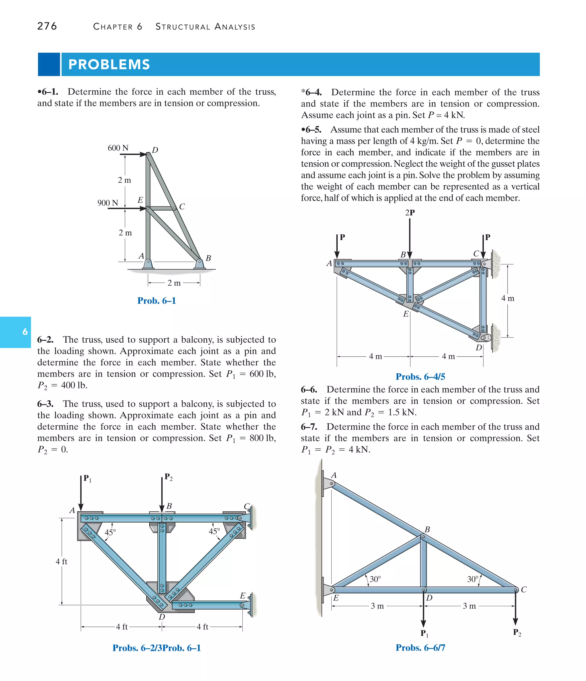 276 CHAPTER 6 STRUCTURAL ANALYSIS
6
PROBLEMS
*6–4. Determine the force in each member of the truss
and state if the members are in tension or compression.
Assume each joint as a pin. Set P = 4 kN.
•6–5. Assume that each member of the truss is made of steel
having a mass per length of 4 kg/m. Set , determine the
force in each member, and indicate if the members are in
tension or compression.Neglect the weight of the gusset plates
and assume each joint is a pin. Solve the problem by assuming
the weight of each member can be represented as a vertical
force, half of which is applied at the end of each member.
P = 0
6–2. The truss, used to support a balcony, is subjected to
the loading shown. Approximate each joint as a pin and
determine the force in each member. State whether the
members are in tension or compression. Set
6–3. The truss, used to support a balcony, is subjected to
the loading shown. Approximate each joint as a pin and
determine the force in each member. State whether the
members are in tension or compression. Set
P2 = 0.
P1 = 800 lb,
P2 = 400 lb.
P1 = 600 lb,
•6–1. Determine the force in each member of the truss,
and state if the members are in tension or compression.
6–6. Determine the force in each member of the truss and
state if the members are in tension or compression. Set
and .
6–7. Determine the force in each member of the truss and
state if the members are in tension or compression. Set
.
P1 = P2 = 4 kN
P2 = 1.5 kN
P1 = 2 kN
600 N
900 N
2 m
2 m
2 m
A
C
E
D
B
Prob. 6–1
45
4 ft 4 ft
45
D
E
C
B
P2
A
4 ft
P1
Probs. 6–2/3Prob. 6–1
A
E
D
C
B
P
P
2P
4 m
4 m 4 m
Probs. 6–4/5
A
E D
30 30
B
C
3 m 3 m
P2
P1
Probs. 6–6/7
 