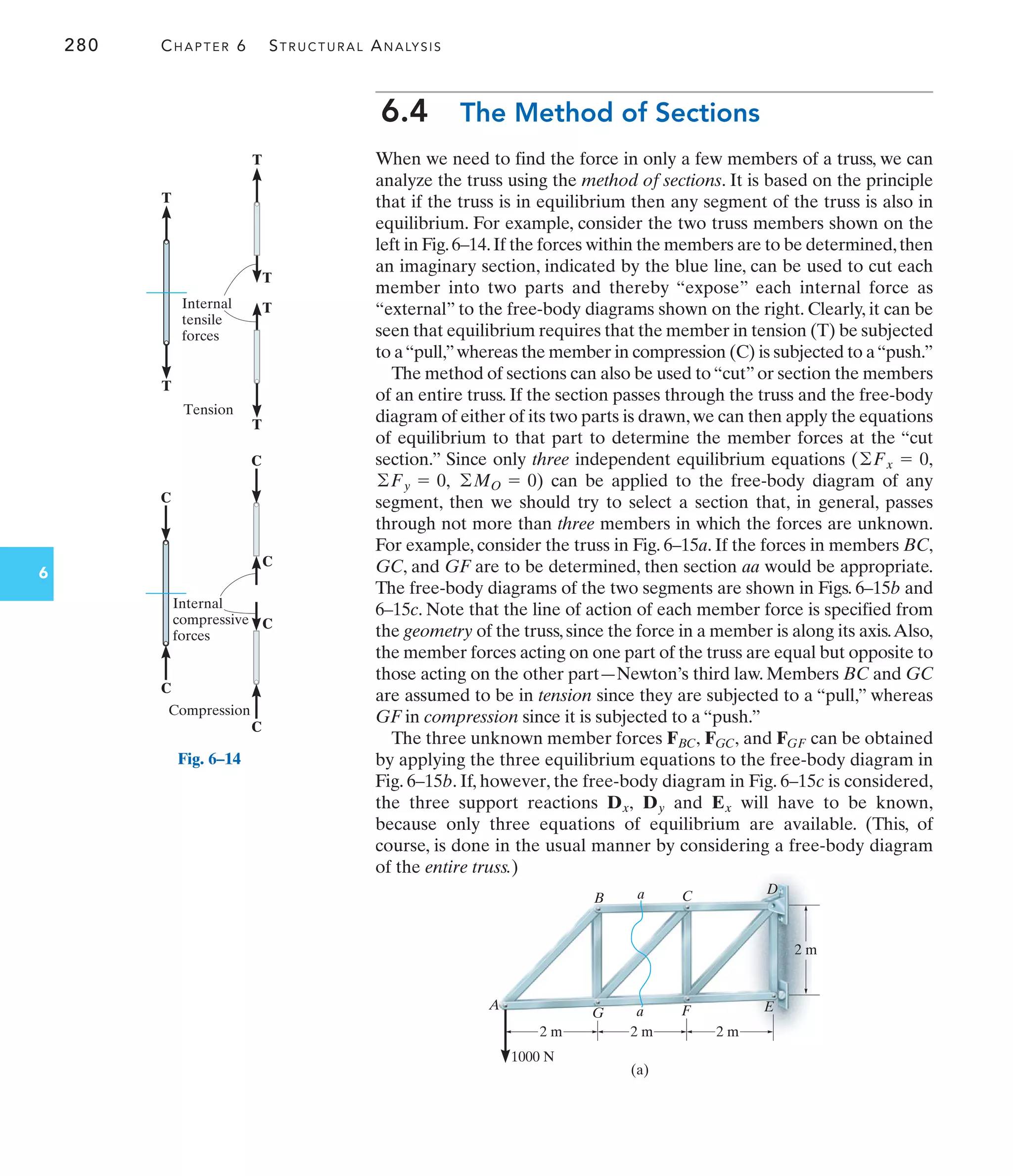B
2 m
1000 N
(a)
2 m 2 m
C
D
G F E
A
2 m
a
a
280 CHAPTER 6 STRUCTURAL ANALYSIS
6
6.4 The Method of Sections
When we need to find the force in only a few members of a truss, we can
analyze the truss using the method of sections. It is based on the principle
that if the truss is in equilibrium then any segment of the truss is also in
equilibrium. For example, consider the two truss members shown on the
left in Fig.6–14.If the forces within the members are to be determined,then
an imaginary section, indicated by the blue line, can be used to cut each
member into two parts and thereby “expose” each internal force as
“external” to the free-body diagrams shown on the right. Clearly, it can be
seen that equilibrium requires that the member in tension (T) be subjected
to a“pull,”whereas the member in compression (C) is subjected to a“push.”
The method of sections can also be used to“cut”or section the members
of an entire truss. If the section passes through the truss and the free-body
diagram of either of its two parts is drawn,we can then apply the equations
of equilibrium to that part to determine the member forces at the “cut
section.” Since only three independent equilibrium equations (
) can be applied to the free-body diagram of any
segment, then we should try to select a section that, in general, passes
through not more than three members in which the forces are unknown.
For example, consider the truss in Fig. 6–15a. If the forces in members BC,
GC, and GF are to be determined, then section aa would be appropriate.
The free-body diagrams of the two segments are shown in Figs. 6–15b and
6–15c. Note that the line of action of each member force is specified from
the geometry of the truss,since the force in a member is along its axis.Also,
the member forces acting on one part of the truss are equal but opposite to
those acting on the other part—Newton’s third law. Members BC and GC
are assumed to be in tension since they are subjected to a “pull,” whereas
GF in compression since it is subjected to a “push.”
The three unknown member forces and can be obtained
by applying the three equilibrium equations to the free-body diagram in
Fig. 6–15b. If, however, the free-body diagram in Fig. 6–15c is considered,
the three support reactions and will have to be known,
because only three equations of equilibrium are available. (This, of
course, is done in the usual manner by considering a free-body diagram
of the entire truss.)
Ex
Dy
Dx,
FGF
FGC,
FBC,
©MO = 0
©Fy = 0,
©Fx = 0,
C
Compression
C
Internal
compressive
forces
C
C
C
C
Fig. 6–14
Tension
T
T
T
Internal
tensile
forces
T
T
T
 