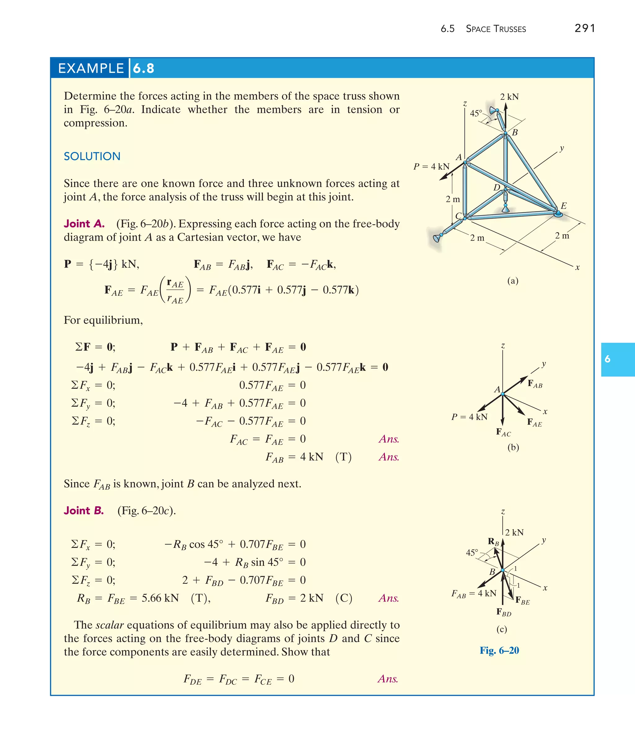 6.5 SPACE TRUSSES 291
6
EXAMPLE 6.8
Determine the forces acting in the members of the space truss shown
in Fig. 6–20a. Indicate whether the members are in tension or
compression.
SOLUTION
Since there are one known force and three unknown forces acting at
joint A, the force analysis of the truss will begin at this joint.
Joint A. (Fig. 6–20b). Expressing each force acting on the free-body
diagram of joint A as a Cartesian vector, we have
For equilibrium,
Ans.
Ans.
Since is known, joint B can be analyzed next.
Joint B. (Fig. 6–20c).
Ans.
The scalar equations of equilibrium may also be applied directly to
the forces acting on the free-body diagrams of joints D and C since
the force components are easily determined. Show that
Ans.
FDE = FDC = FCE = 0
FBD = 2 kN 1C2
RB = FBE = 5.66 kN 1T2,
2 + FBD - 0.707FBE = 0
©Fz = 0;
-4 + RB sin 45° = 0
©Fy = 0;
-RB cos 45° + 0.707FBE = 0
©Fx = 0;
F
AB
FAB = 4 kN 1T2
FAC = FAE = 0
-FAC - 0.577FAE = 0
©Fz = 0;
-4 + FAB + 0.577FAE = 0
©Fy = 0;
0.577FAE = 0
©Fx = 0;
-4j + F
ABj - F
ACk + 0.577F
AEi + 0.577F
AEj - 0.577F
AEk = 0
P + FAB + FAC + FAE = 0
©F = 0;
FAE = FAEa
rAE
rAE
b = FAE10.577i + 0.577j - 0.577k2
FAC = -F
ACk,
FAB = F
ABj,
P = 5-4j6 kN,
(a)
2 m
2 m
2 m
P  4 kN
2 kN
45
z
y
x
A
B
C
D
E
Fig. 6–20
x
y
z
P  4 kN
FAC
FAE
FAB
A
(b)
x
y
z
FAB  4 kN
45
1
1
FBE
FBD
RB
B
2 kN
(c)
 