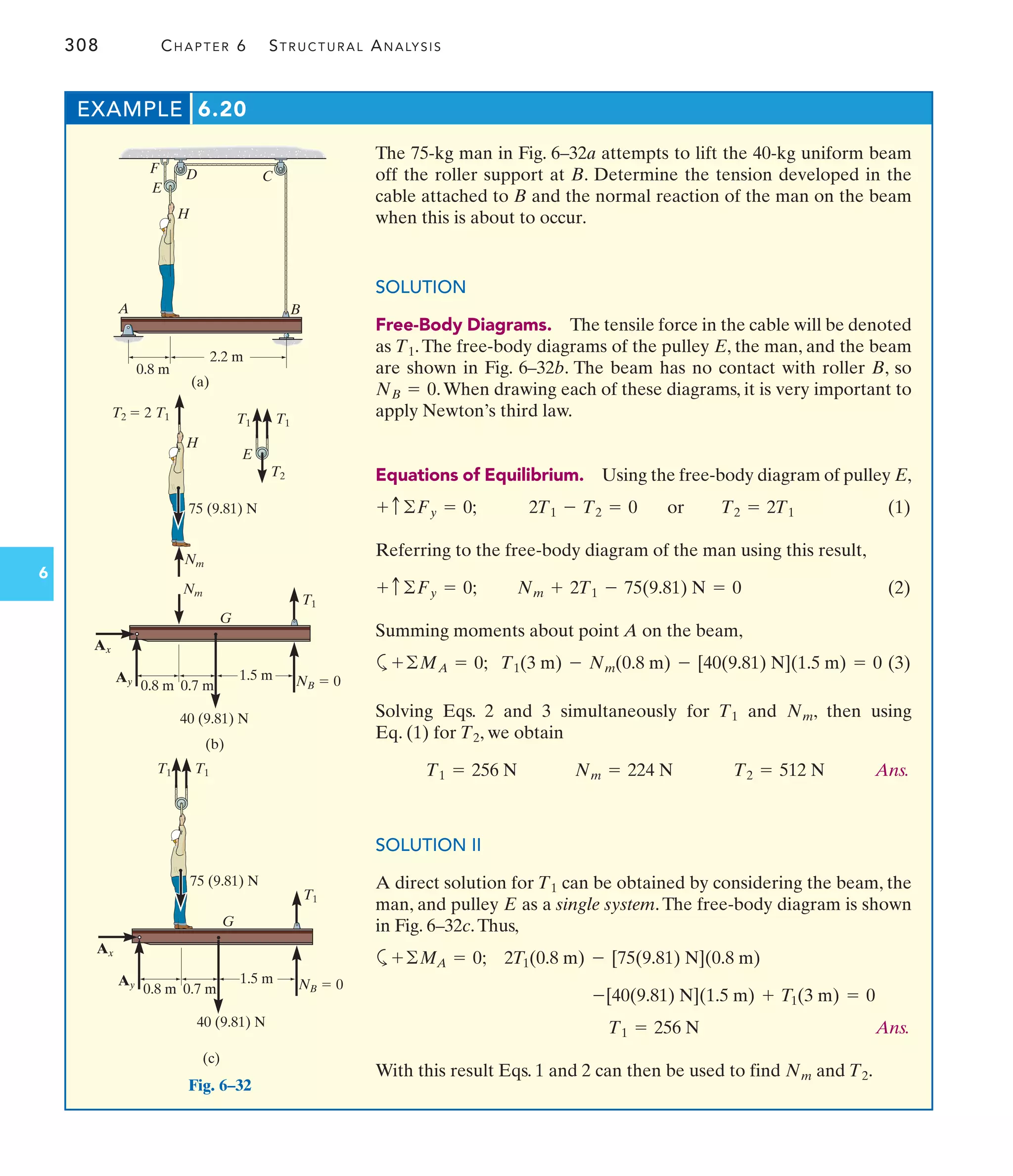 308 CHAPTER 6 STRUCTURAL ANALYSIS
6
The 75-kg man in Fig. 6–32a attempts to lift the 40-kg uniform beam
off the roller support at B. Determine the tension developed in the
cable attached to B and the normal reaction of the man on the beam
when this is about to occur.
SOLUTION
Free-Body Diagrams. The tensile force in the cable will be denoted
as .The free-body diagrams of the pulley E, the man, and the beam
are shown in Fig. 6–32b. The beam has no contact with roller B, so
.When drawing each of these diagrams, it is very important to
apply Newton’s third law.
Equations of Equilibrium. Using the free-body diagram of pulley E,
or (1)
Referring to the free-body diagram of the man using this result,
; (2)
Summing moments about point A on the beam,
a ; (3)
Solving Eqs. 2 and 3 simultaneously for and , then using
Eq. (1) for , we obtain
Ans.
SOLUTION II
A direct solution for can be obtained by considering the beam, the
man, and pulley as a single system. The free-body diagram is shown
in Fig. 6–32c.Thus,
a ;
Ans.
With this result Eqs. 1 and 2 can then be used to find and .
T2
Nm
T1 = 256 N
-[40(9.81) N](1.5 m) + T1(3 m) = 0
2T1(0.8 m) - [75(9.81) N](0.8 m)
+©MA = 0
E
T1
T2 = 512 N
Nm = 224 N
T1 = 256 N
T2
Nm
T1
T1(3 m) - Nm(0.8 m) - [40(9.81) N](1.5 m) = 0
+©MA = 0
Nm + 2T1 - 75(9.81) N = 0
+ c©Fy = 0
T2 = 2T1
2T1 - T2 = 0
+ c©Fy = 0;
NB = 0
T1
EXAMPLE 6.20
A B
C
D
H
E
F
2.2 m
(a)
0.8 m
Fig. 6–32
G
H
E
1.5 m
75 (9.81) N
40 (9.81) N
(b)
0.8 m 0.7 m
Ay NB  0
Ax
Nm
T1
T1
T1
T2  2 T1
T2
Nm
G
1.5 m
75 (9.81) N
40 (9.81) N
(c)
0.8 m 0.7 m
Ay NB  0
Ax
T1
T1
T1
 