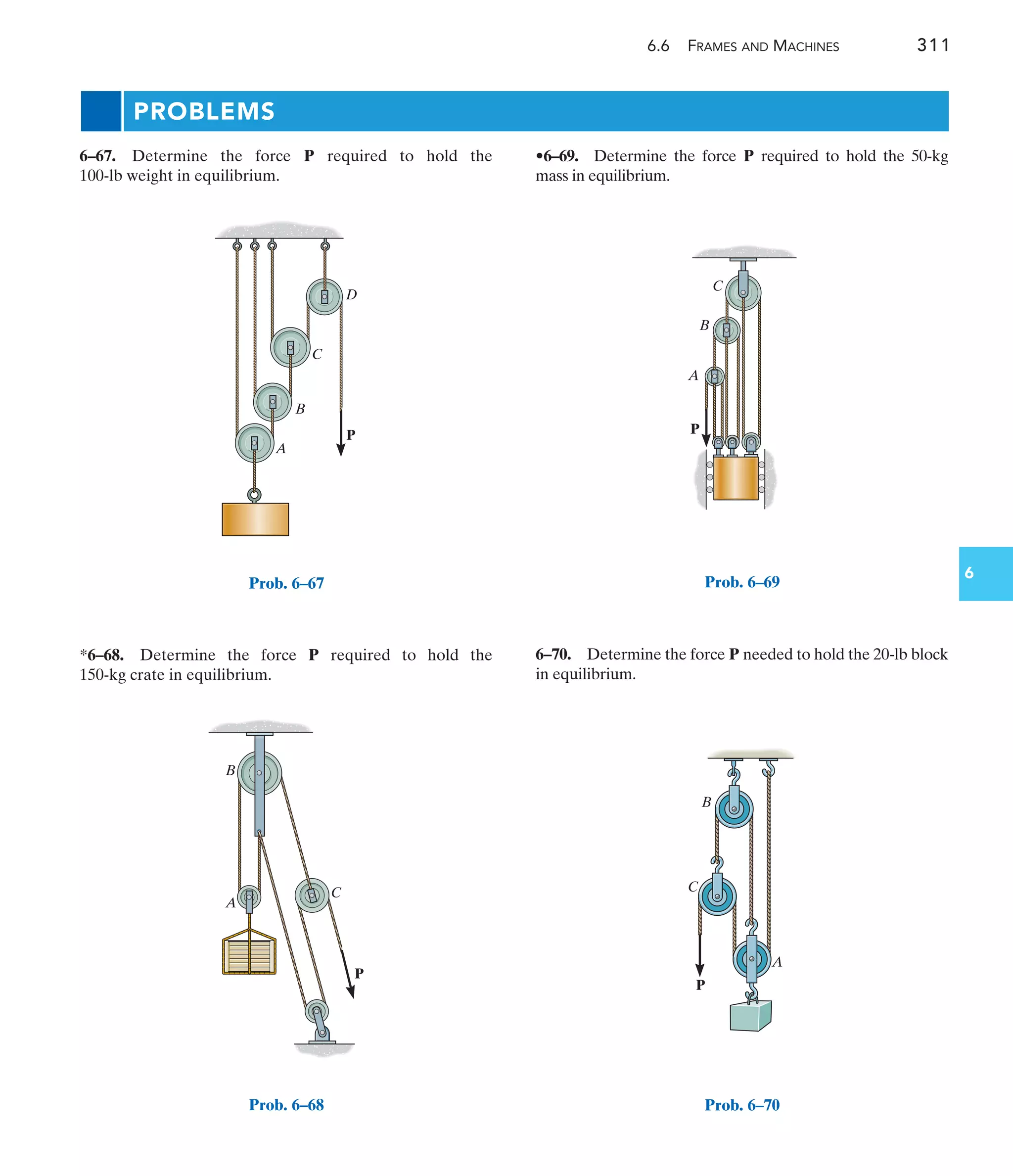 6.6 FRAMES AND MACHINES 311
6
•6–69. Determine the force required to hold the 50-kg
mass in equilibrium.
P
*6–68. Determine the force required to hold the
150-kg crate in equilibrium.
P
6–67. Determine the force required to hold the
100-lb weight in equilibrium.
P
6–70. Determine the force needed to hold the 20-lb block
in equilibrium.
P
PROBLEMS
P
A
B
C
D
Prob. 6–67
P
A
B
C
Prob. 6–68
P
A
B
C
Prob. 6–69
C
B
A
P
Prob. 6–70
 