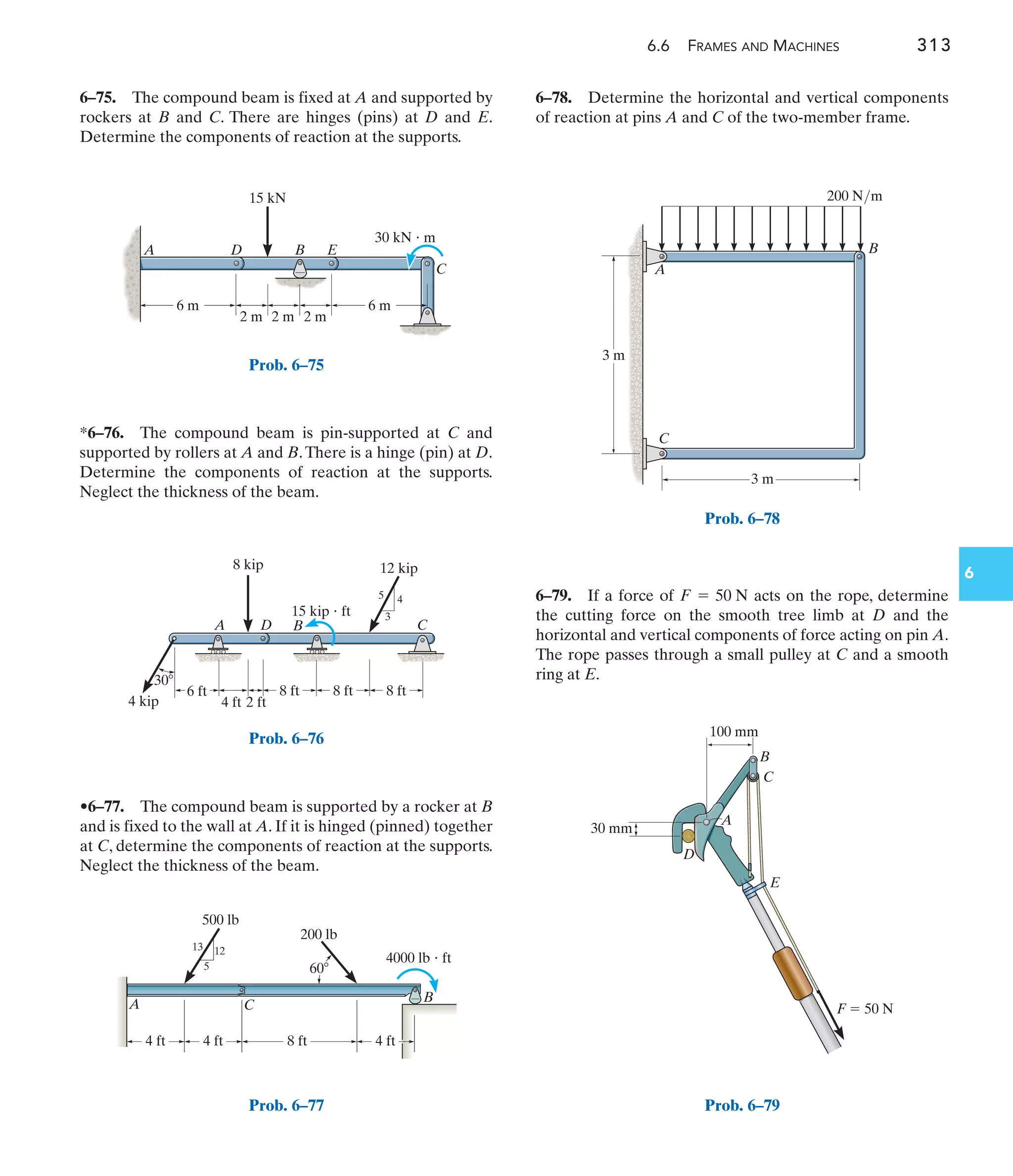 6.6 FRAMES AND MACHINES 313
6
6–78. Determine the horizontal and vertical components
of reaction at pins A and C of the two-member frame.
*6–76. The compound beam is pin-supported at C and
supported by rollers at A and B.There is a hinge (pin) at D.
Determine the components of reaction at the supports.
Neglect the thickness of the beam.
•6–77. The compound beam is supported by a rocker at B
and is fixed to the wall at A. If it is hinged (pinned) together
at C, determine the components of reaction at the supports.
Neglect the thickness of the beam.
6–75. The compound beam is fixed at A and supported by
rockers at B and C. There are hinges (pins) at D and E.
Determine the components of reaction at the supports.
6–79. If a force of acts on the rope, determine
the cutting force on the smooth tree limb at D and the
horizontal and vertical components of force acting on pin A.
The rope passes through a small pulley at C and a smooth
ring at E.
F = 50 N
6 m
2 m
6 m
30 kN  m
2 m 2 m
15 kN
A D B E
C
Prob. 6–75
A D B C
8 ft
3
4
5
8 ft
12 kip
15 kip  ft
4 kip
30
8 kip
8 ft
4 ft 2 ft
6 ft
Prob. 6–76
4 ft 4 ft
500 lb
200 lb
4000 lb  ft
4 ft
8 ft
A C
B
12
13
5 60
Prob. 6–77
3 m
3 m
200 N/m
A
B
C
Prob. 6–78
F  50 N
B
C
E
30 mm
100 mm
A
D
Prob. 6–79
 
