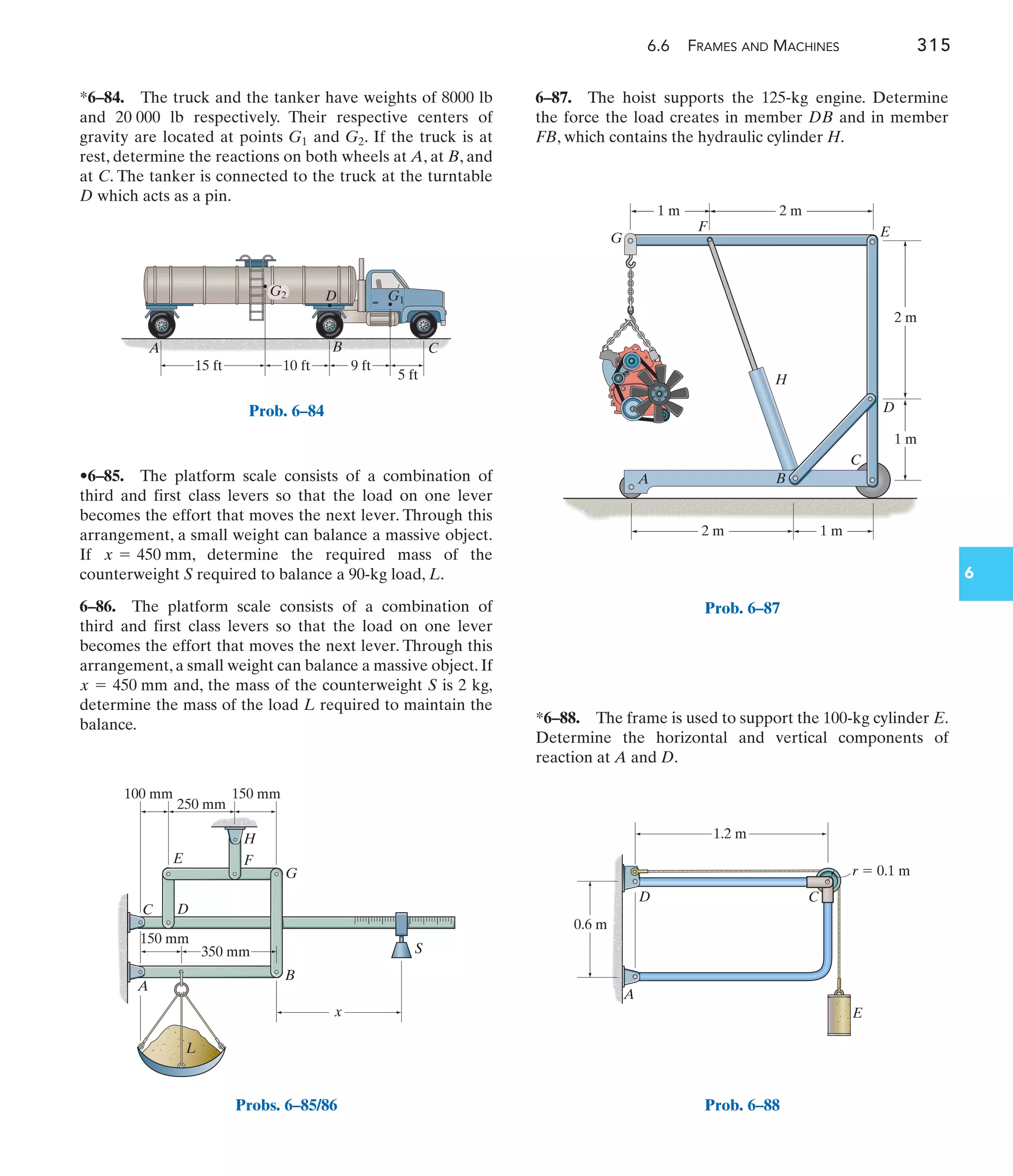 6.6 FRAMES AND MACHINES 315
6
6–87. The hoist supports the 125-kg engine. Determine
the force the load creates in member DB and in member
FB, which contains the hydraulic cylinder H.
•6–85. The platform scale consists of a combination of
third and first class levers so that the load on one lever
becomes the effort that moves the next lever. Through this
arrangement, a small weight can balance a massive object.
If , determine the required mass of the
counterweight S required to balance a 90-kg load, L.
6–86. The platform scale consists of a combination of
third and first class levers so that the load on one lever
becomes the effort that moves the next lever. Through this
arrangement, a small weight can balance a massive object. If
and, the mass of the counterweight S is 2 kg,
determine the mass of the load L required to maintain the
balance.
x = 450 mm
x = 450 mm
*6–84. The truck and the tanker have weights of 8000 lb
and 20 000 lb respectively. Their respective centers of
gravity are located at points and . If the truck is at
rest, determine the reactions on both wheels at A, at B, and
at C. The tanker is connected to the truck at the turntable
D which acts as a pin.
G2
G1
*6–88. The frame is used to support the 100-kg cylinder E.
Determine the horizontal and vertical components of
reaction at A and D.
G1
15 ft 10 ft 9 ft
5 ft
A B
D
C
G2
Prob. 6–84
350 mm
150 mm
150 mm
100 mm
250 mm
B
A
C D
E F
H
G
x
L
S
Probs. 6–85/86
C
D
E
F
G
H
2 m
1 m
1 m
2 m
1 m
2 m
A B
Prob. 6–87
A
C
D
E
0.6 m
1.2 m
r  0.1 m
Prob. 6–88
 