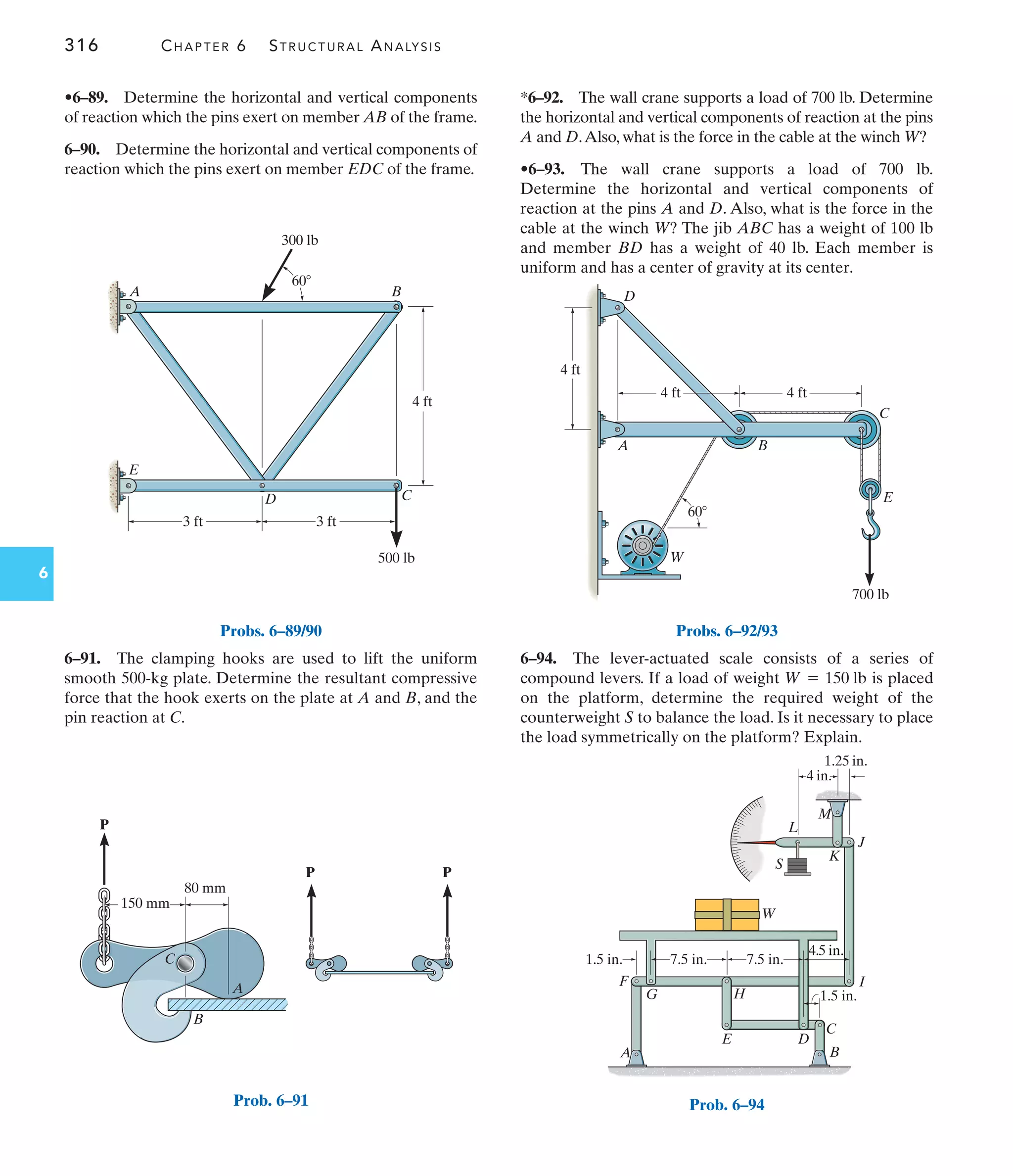 316 CHAPTER 6 STRUCTURAL ANALYSIS
6
*6–92. The wall crane supports a load of 700 lb. Determine
the horizontal and vertical components of reaction at the pins
A and D.Also, what is the force in the cable at the winch W?
•6–93. The wall crane supports a load of 700 lb.
Determine the horizontal and vertical components of
reaction at the pins A and D. Also, what is the force in the
cable at the winch W? The jib ABC has a weight of 100 lb
and member BD has a weight of 40 lb. Each member is
uniform and has a center of gravity at its center.
6–91. The clamping hooks are used to lift the uniform
smooth 500-kg plate. Determine the resultant compressive
force that the hook exerts on the plate at A and B, and the
pin reaction at C.
•6–89. Determine the horizontal and vertical components
of reaction which the pins exert on member AB of the frame.
6–90. Determine the horizontal and vertical components of
reaction which the pins exert on member EDC of the frame.
6–94. The lever-actuated scale consists of a series of
compound levers. If a load of weight is placed
on the platform, determine the required weight of the
counterweight S to balance the load. Is it necessary to place
the load symmetrically on the platform? Explain.
W = 150 lb
A
E
B
C
D
500 lb
300 lb
3 ft 3 ft
4 ft
60
Probs. 6–89/90
A
B
80 mm
P
P P
150 mm
C
Prob. 6–91
4 ft
D
A B
C
E
W
4 ft
700 lb
60
4 ft
Probs. 6–92/93
B
A
C
D
E
F
G H
I
J
K
S
M
W
L
1.5 in.
1.5 in.
7.5 in. 7.5 in.
4.5 in.
4 in.
1.25 in.
Prob. 6–94
 