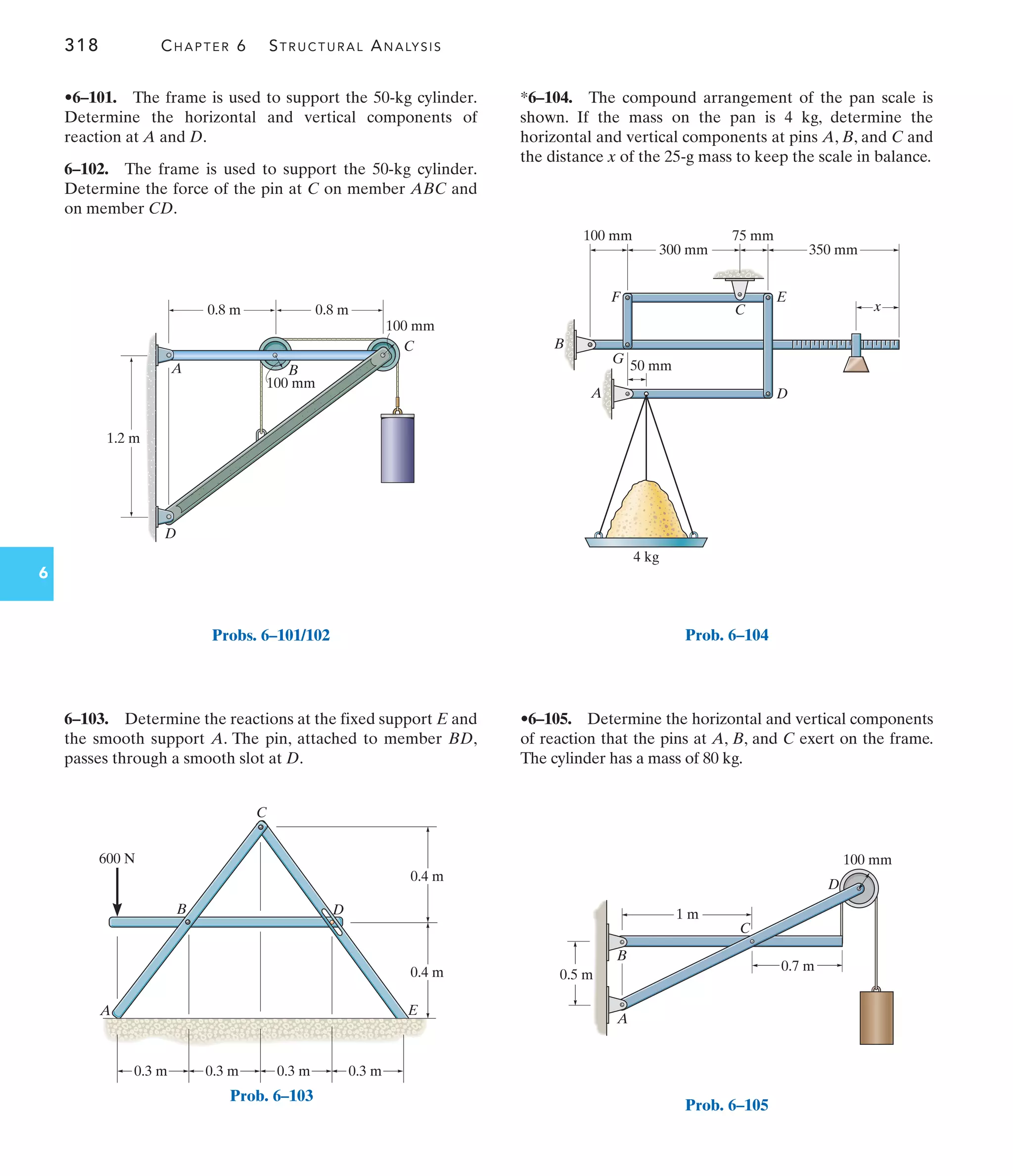 318 CHAPTER 6 STRUCTURAL ANALYSIS
6
*6–104. The compound arrangement of the pan scale is
shown. If the mass on the pan is 4 kg, determine the
horizontal and vertical components at pins A, B, and C and
the distance x of the 25-g mass to keep the scale in balance.
6–103. Determine the reactions at the fixed support E and
the smooth support A. The pin, attached to member BD,
passes through a smooth slot at D.
•6–105. Determine the horizontal and vertical components
of reaction that the pins at A, B, and C exert on the frame.
The cylinder has a mass of 80 kg.
A B
C
D
1.2 m
0.8 m 0.8 m
100 mm
100 mm
Probs. 6–101/102
B
C
D
E
0.3 m 0.3 m 0.3 m 0.3 m
0.4 m
0.4 m
600 N
A
Prob. 6–103
50 mm
G
100 mm 75 mm
300 mm 350 mm
x
F E
D
B
A
4 kg
C
Prob. 6–104
A
B
C
1 m
0.7 m
0.5 m
D
100 mm
Prob. 6–105
•6–101. The frame is used to support the 50-kg cylinder.
Determine the horizontal and vertical components of
reaction at A and D.
6–102. The frame is used to support the 50-kg cylinder.
Determine the force of the pin at C on member ABC and
on member CD.
 