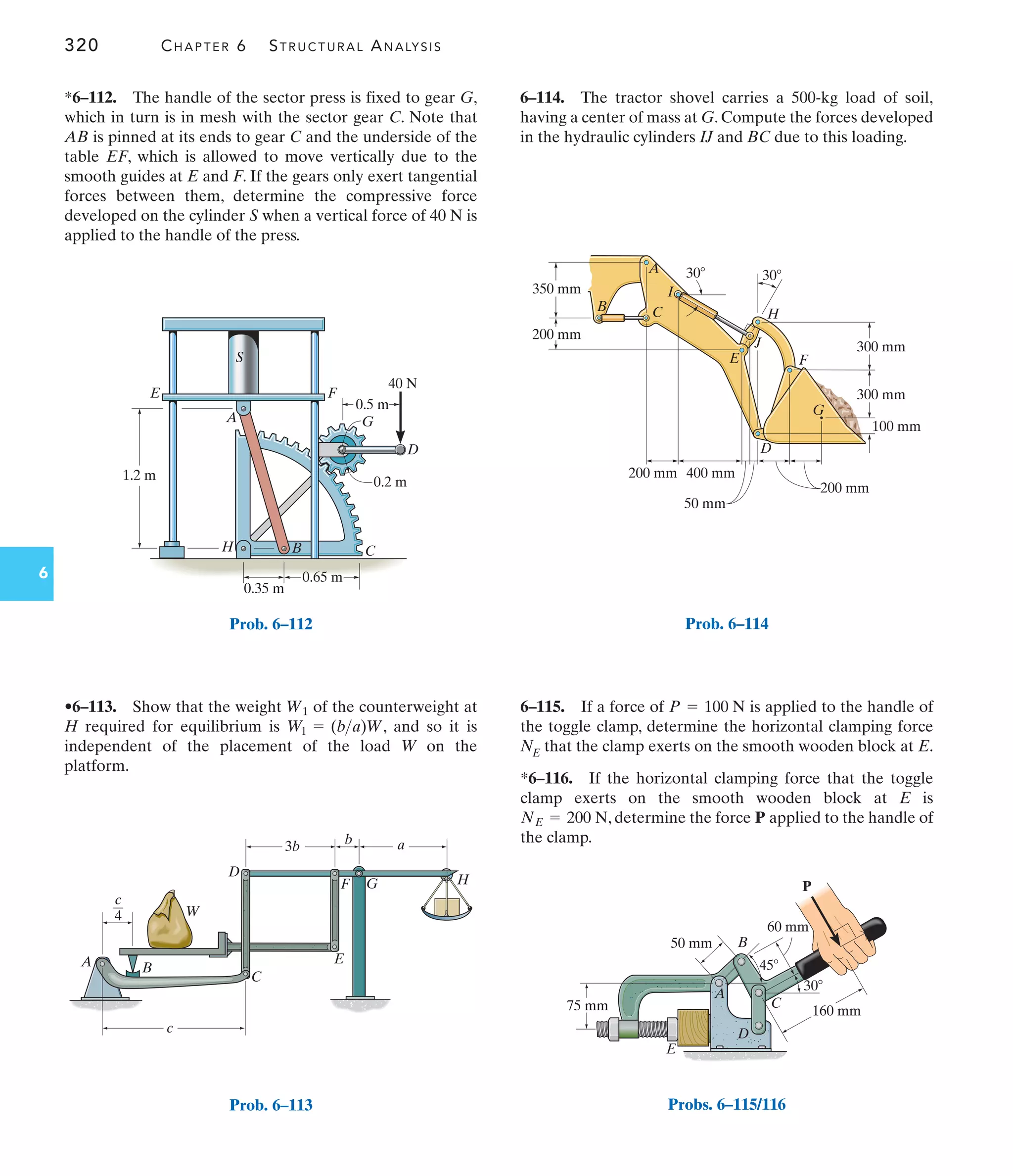 320 CHAPTER 6 STRUCTURAL ANALYSIS
6
6–114. The tractor shovel carries a 500-kg load of soil,
having a center of mass at G. Compute the forces developed
in the hydraulic cylinders IJ and BC due to this loading.
•6–113. Show that the weight of the counterweight at
H required for equilibrium is , and so it is
independent of the placement of the load W on the
platform.
W1 = (ba)W
W1
*6–112. The handle of the sector press is fixed to gear G,
which in turn is in mesh with the sector gear C. Note that
AB is pinned at its ends to gear C and the underside of the
table EF, which is allowed to move vertically due to the
smooth guides at E and F. If the gears only exert tangential
forces between them, determine the compressive force
developed on the cylinder S when a vertical force of 40 N is
applied to the handle of the press.
6–115. If a force of is applied to the handle of
the toggle clamp, determine the horizontal clamping force
NE that the clamp exerts on the smooth wooden block at E.
*6–116. If the horizontal clamping force that the toggle
clamp exerts on the smooth wooden block at E is
, determine the force applied to the handle of
the clamp.
P
NE = 200 N
P = 100 N
1.2 m
E F
A
B C
G
D
S
0.5 m
0.2 m
0.35 m
0.65 m
40 N
H
Prob. 6–112
A B
W
C
E
G H
D
F
c
b
3b a
c
4
Prob. 6–113
100 mm
300 mm
300 mm
30
A
C
E
G
D
F
H
J
B
30
50 mm
400 mm
200 mm
200 mm
200 mm
I
350 mm
Prob. 6–114
B
C
D
160 mm
50 mm
75 mm
60 mm
30
45
A
E
P
Probs. 6–115/116
 