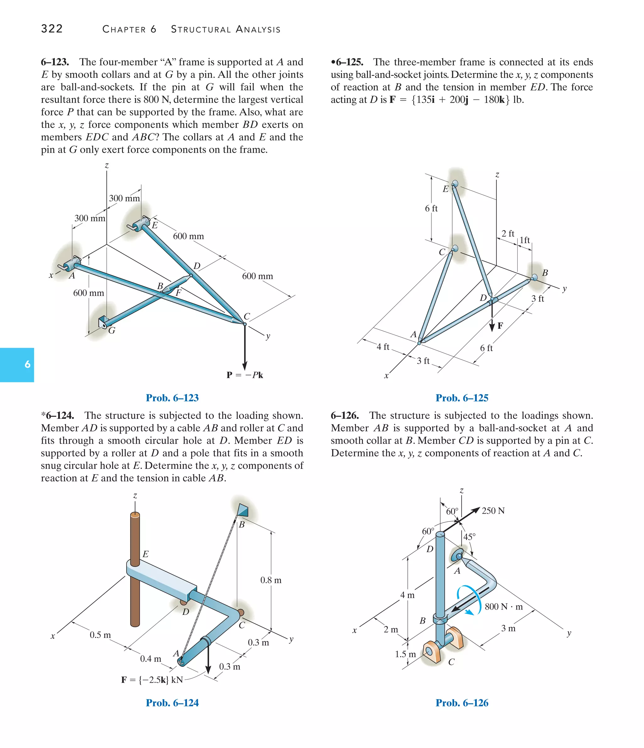 322 CHAPTER 6 STRUCTURAL ANALYSIS
6
•6–125. The three-member frame is connected at its ends
using ball-and-socket joints. Determine the x, y, z components
of reaction at B and the tension in member ED. The force
acting at D is F = 5135i + 200j - 180k6 lb.
*6–124. The structure is subjected to the loading shown.
Member AD is supported by a cable AB and roller at C and
fits through a smooth circular hole at D. Member ED is
supported by a roller at D and a pole that fits in a smooth
snug circular hole at E. Determine the x, y, z components of
reaction at E and the tension in cable AB.
6–123. The four-member “A” frame is supported at A and
E by smooth collars and at G by a pin. All the other joints
are ball-and-sockets. If the pin at G will fail when the
resultant force there is 800 N, determine the largest vertical
force P that can be supported by the frame. Also, what are
the x, y, z force components which member BD exerts on
members EDC and ABC? The collars at A and E and the
pin at G only exert force components on the frame.
6–126. The structure is subjected to the loadings shown.
Member AB is supported by a ball-and-socket at A and
smooth collar at B. Member CD is supported by a pin at C.
Determine the x, y, z components of reaction at A and C.
x
y
C
D
B
F
G
E
A
P  Pk
z
300 mm
300 mm
600 mm
600 mm
600 mm
Prob. 6–123
z
C
A
D
B
E
0.3 m y
0.3 m
0.5 m
0.4 m
F  {2.5k} kN
x
0.8 m
Prob. 6–124
y
6 ft
2 ft
1ft
3 ft
6 ft
3 ft
4 ft
x
A
D
F
B
C
E
z
Prob. 6–125
2 m 3 m y
4 m
1.5 m
B
800 N  m
A
250 N
D
45
60
60
z
x
C
Prob. 6–126
 