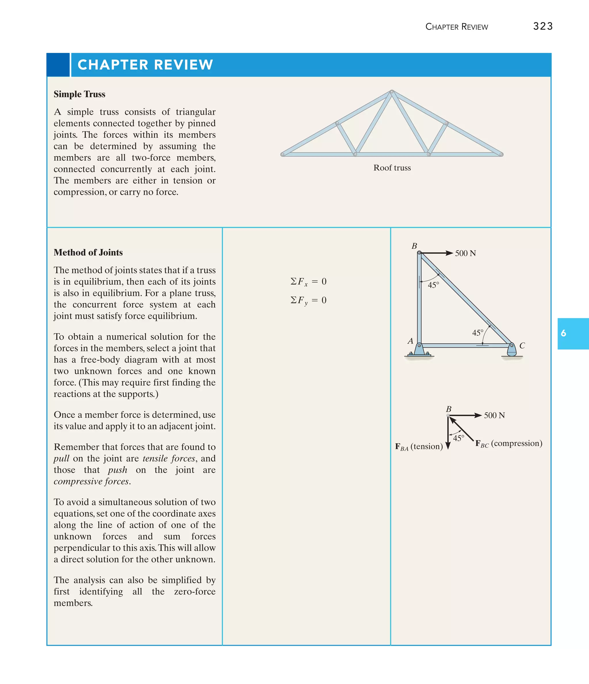 CHAPTER REVIEW 323
6
CHAPTER REVIEW
Simple Truss
A simple truss consists of triangular
elements connected together by pinned
joints. The forces within its members
can be determined by assuming the
members are all two-force members,
connected concurrently at each joint.
The members are either in tension or
compression, or carry no force.
Method of Joints
The method of joints states that if a truss
is in equilibrium, then each of its joints
is also in equilibrium. For a plane truss,
the concurrent force system at each
joint must satisfy force equilibrium.
To obtain a numerical solution for the
forces in the members, select a joint that
has a free-body diagram with at most
two unknown forces and one known
force. (This may require first finding the
reactions at the supports.)
Once a member force is determined, use
its value and apply it to an adjacent joint.
Remember that forces that are found to
pull on the joint are tensile forces, and
those that push on the joint are
compressive forces.
To avoid a simultaneous solution of two
equations, set one of the coordinate axes
along the line of action of one of the
unknown forces and sum forces
perpendicular to this axis.This will allow
a direct solution for the other unknown.
The analysis can also be simplified by
first identifying all the zero-force
members.
©Fy = 0
©Fx = 0
B
45
500 N
FBC (compression)
FBA (tension)
B
500 N
A
C
45
45
Roof truss
 