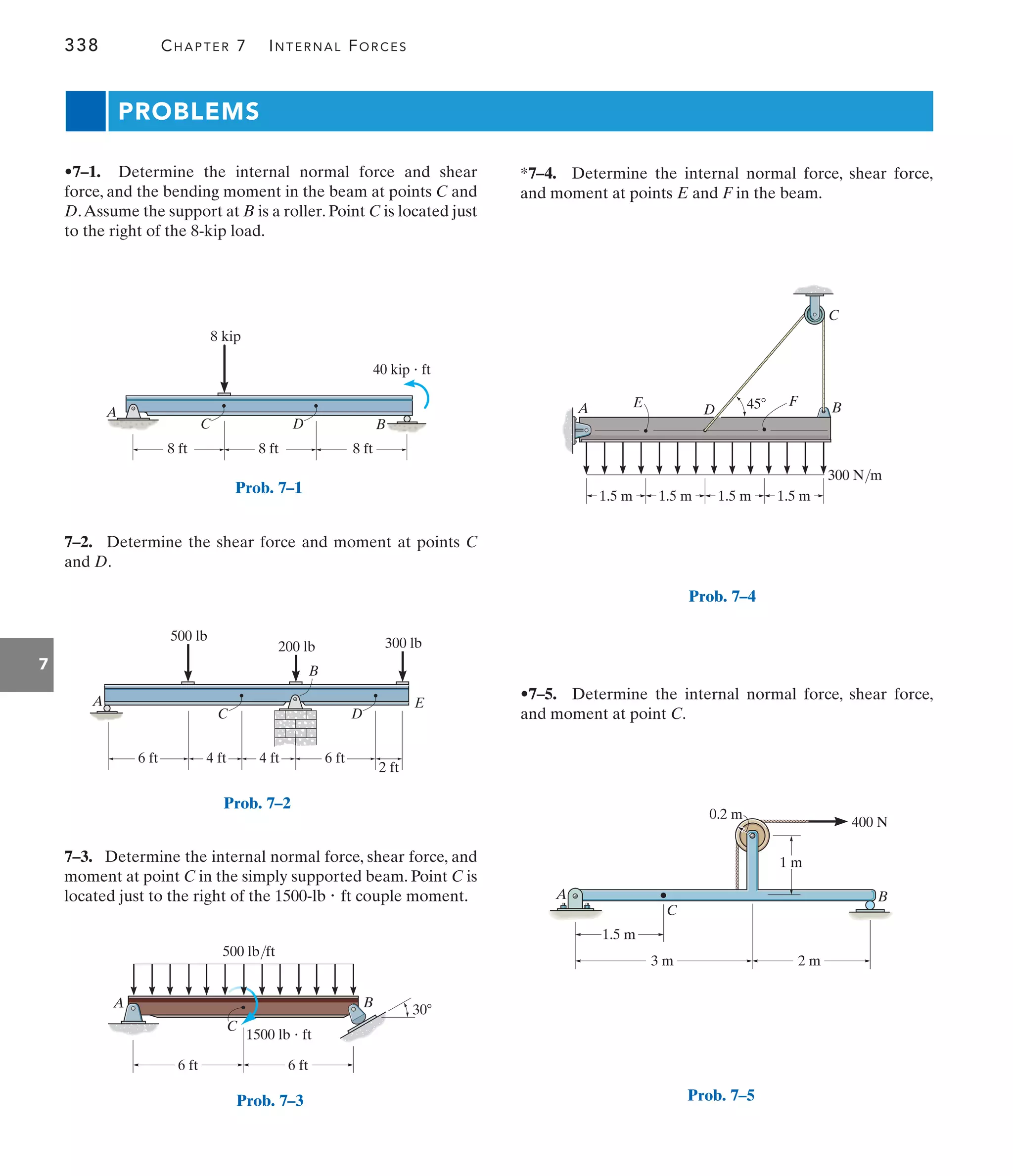 338 CHAPTER 7 INTERNAL FORCES
7
PROBLEMS
*7–4. Determine the internal normal force, shear force,
and moment at points E and F in the beam.
7–2. Determine the shear force and moment at points C
and D.
7–3. Determine the internal normal force, shear force, and
moment at point C in the simply supported beam. Point C is
located just to the right of the 1500-lb ft couple moment.
–
•7–5. Determine the internal normal force, shear force,
and moment at point C.
D B
A E F
1.5 m
300 N/m
45
1.5 m 1.5 m 1.5 m
C
Prob. 7–4
3 m 2 m
1.5 m
1 m
0.2 m
400 N
A
C
B
Prob. 7–5
40 kip  ft
8 ft
8 ft 8 ft
8 kip
A
B
C D
Prob. 7–1
6 ft
A
C D
E
B
6 ft
2 ft
4 ft 4 ft
300 lb
200 lb
500 lb
Prob. 7–2
B
A
C
500 lb/ft
1500 lb  ft
6 ft
30
6 ft
Prob. 7–3
•7–1. Determine the internal normal force and shear
force, and the bending moment in the beam at points C and
D.Assume the support at B is a roller. Point C is located just
to the right of the 8-kip load.
 